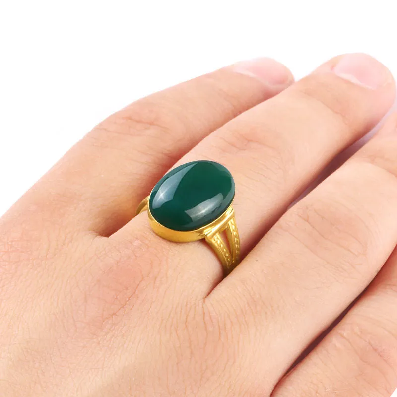 10k Yellow Gold Men's Ring with Green Agate Natural Stone