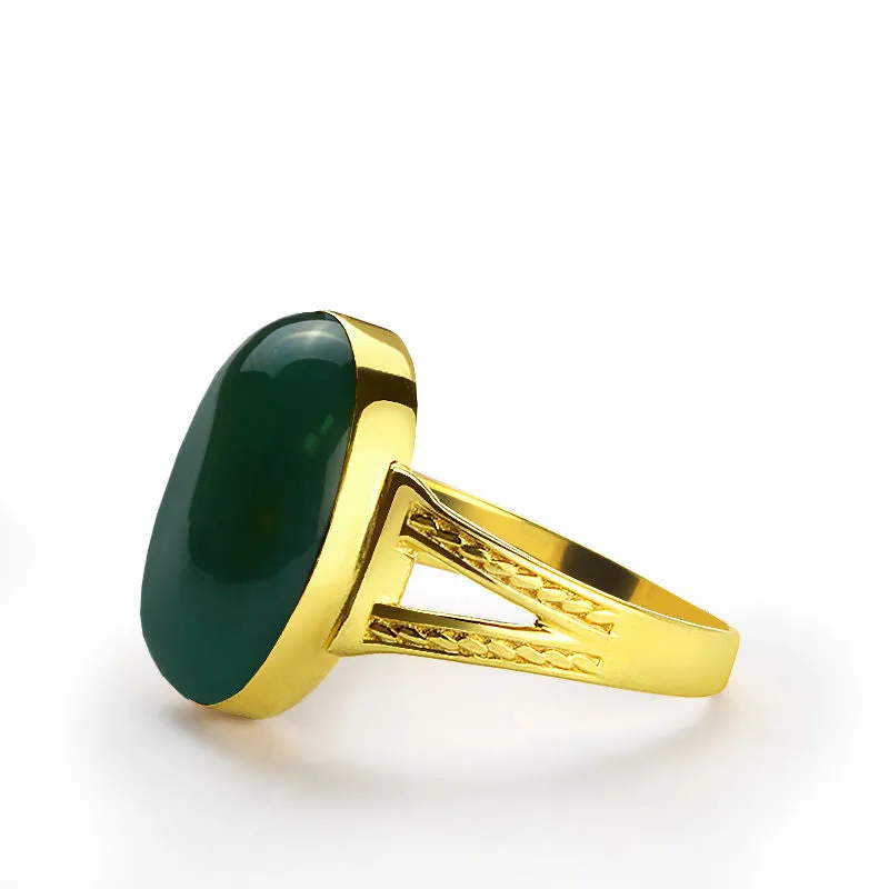 10k Yellow Gold Men's Ring with Green Agate Natural Stone