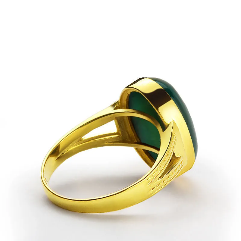 10k Yellow Gold Men's Ring with Green Agate Natural Stone