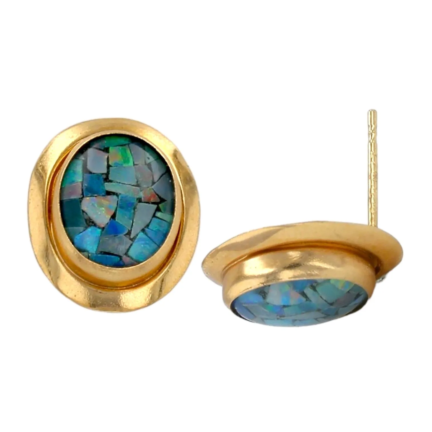 14K Yellow gold oval mosaic Australian opal stud earrings