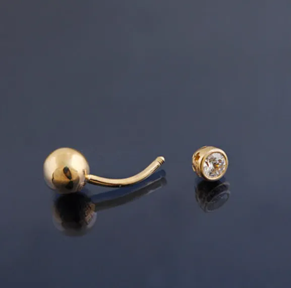 18K 14K Solid Gold Top Bottom Healed Navel Belly Bar Button Ring Curved Barbell Ball Bezel Piercing