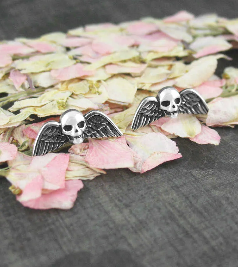 Angelic Winged Skull Stud Earrings