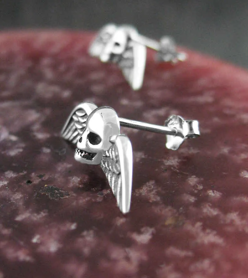 Angelic Winged Skull Stud Earrings