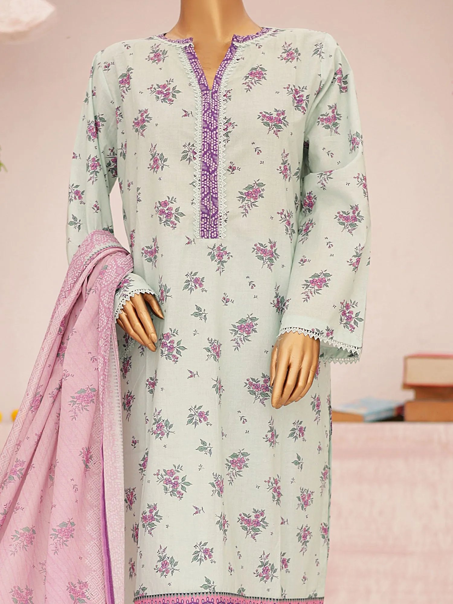 Bin Saeed Printed Lawn 3-Piece Suit - Mint