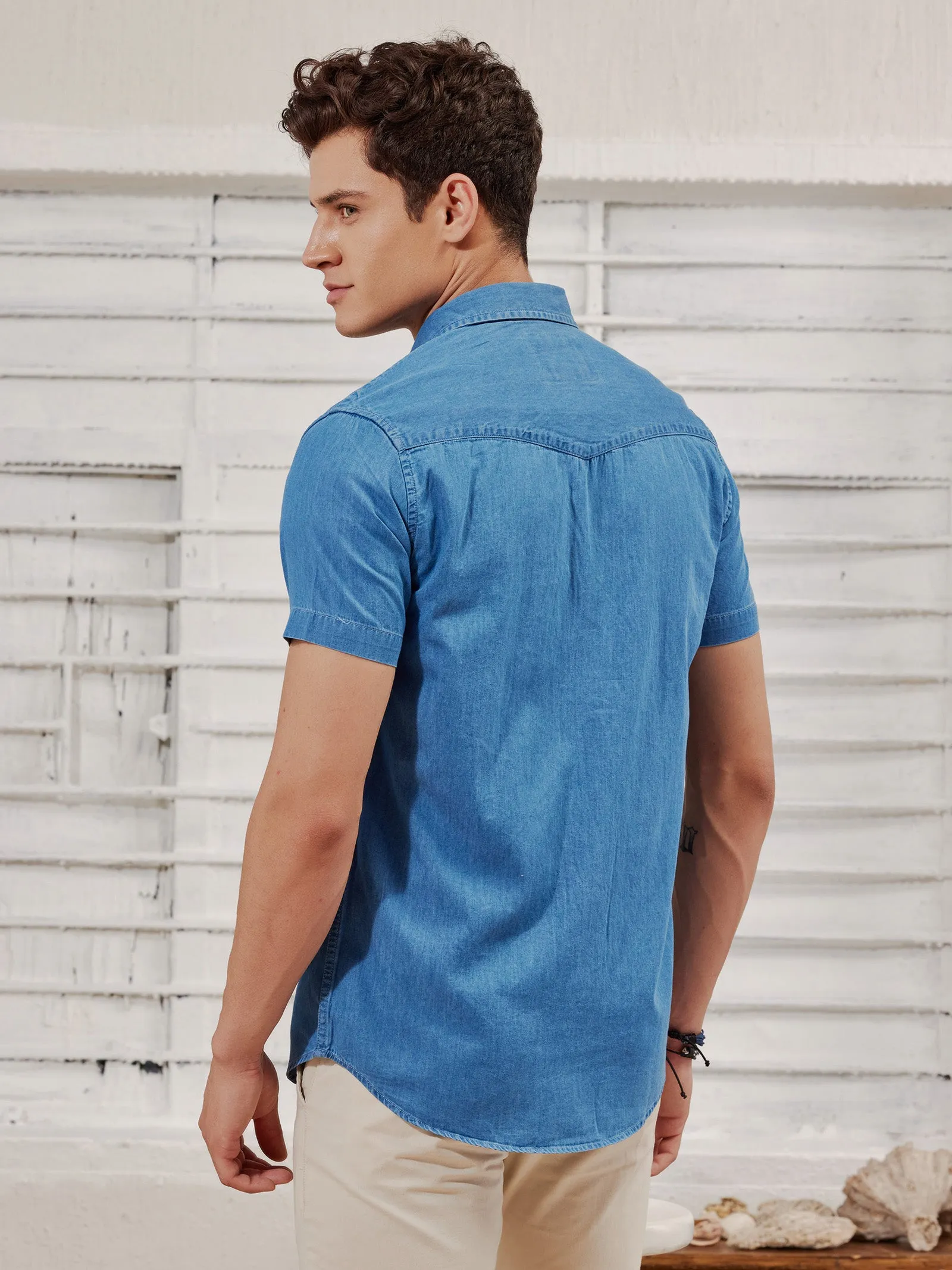 Blue Silky Denim Cargo Shirt