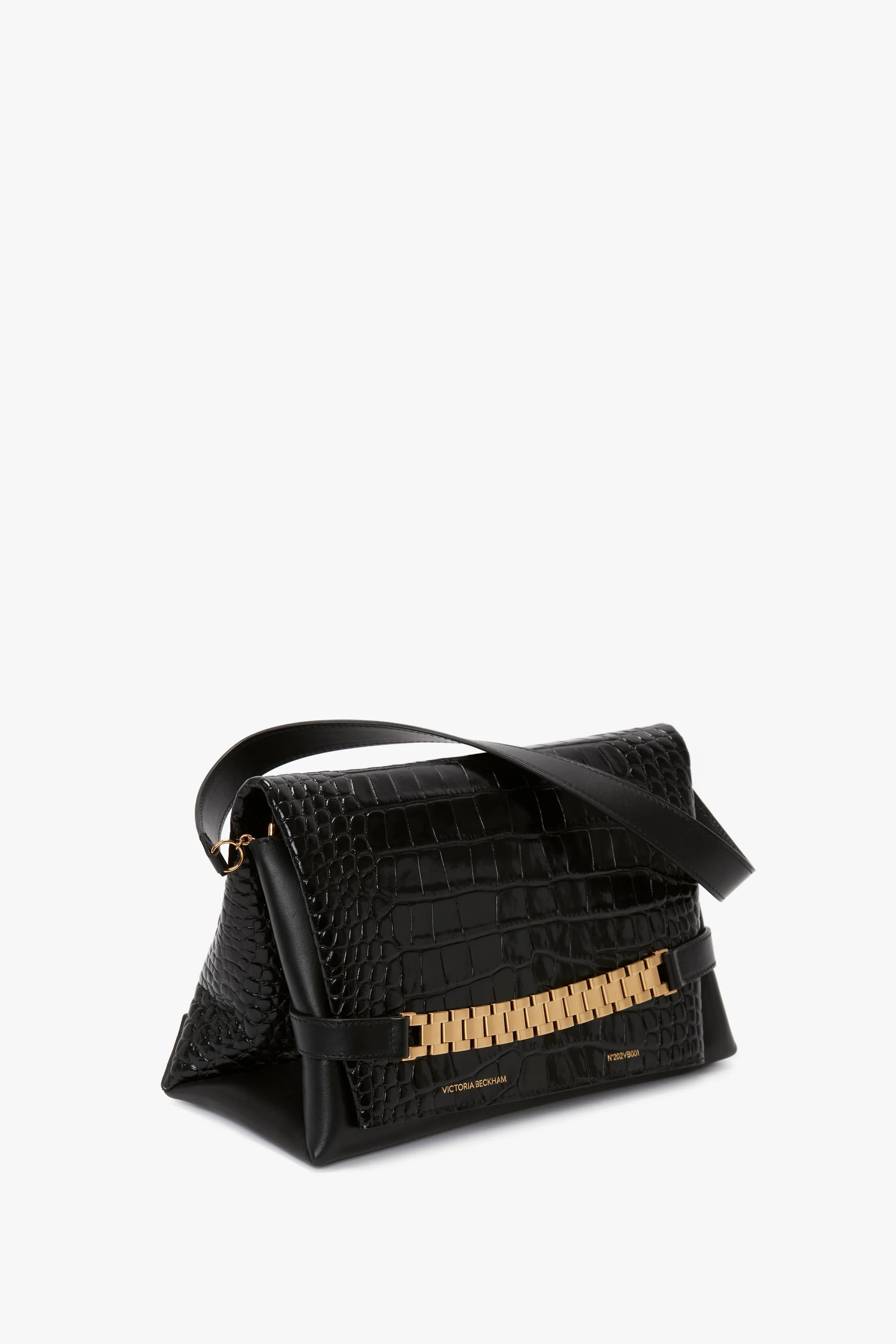 Chain Pouch With Strap In Black Croc-Effect Leather