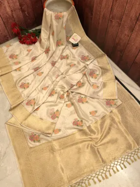 Cream White Color Muga Banarasi Saree with Meenakari Work