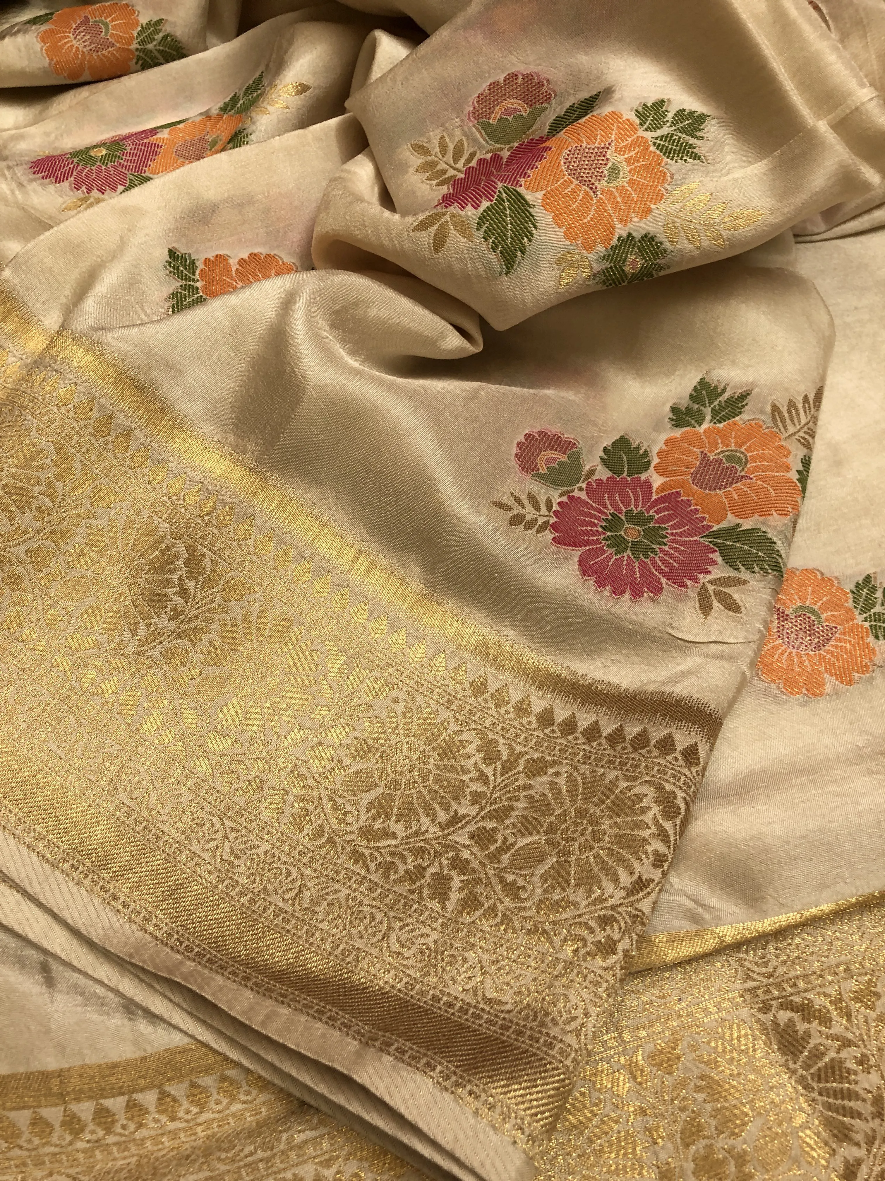 Cream White Color Muga Banarasi Saree with Meenakari Work