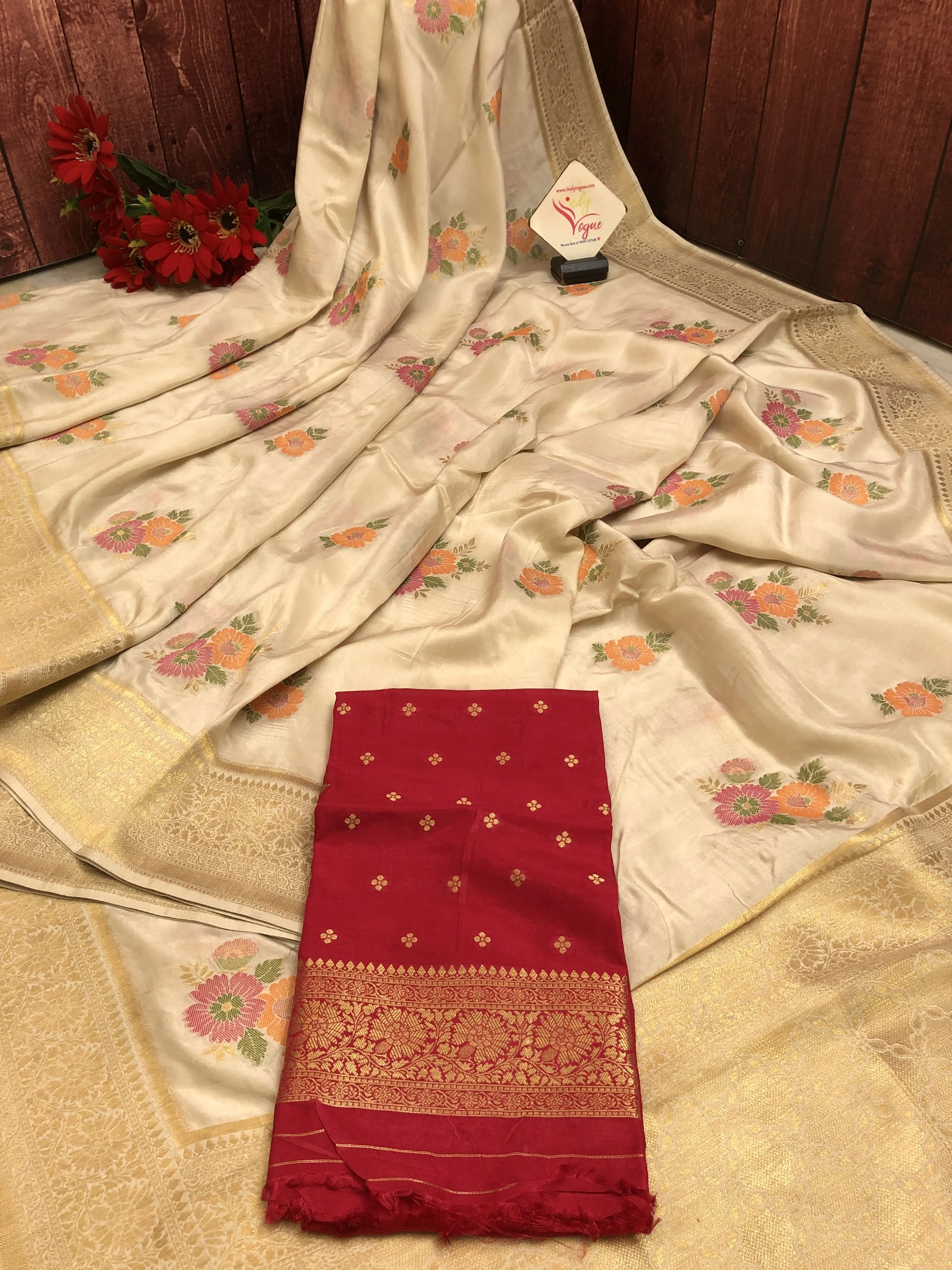 Cream White Color Muga Banarasi Saree with Meenakari Work