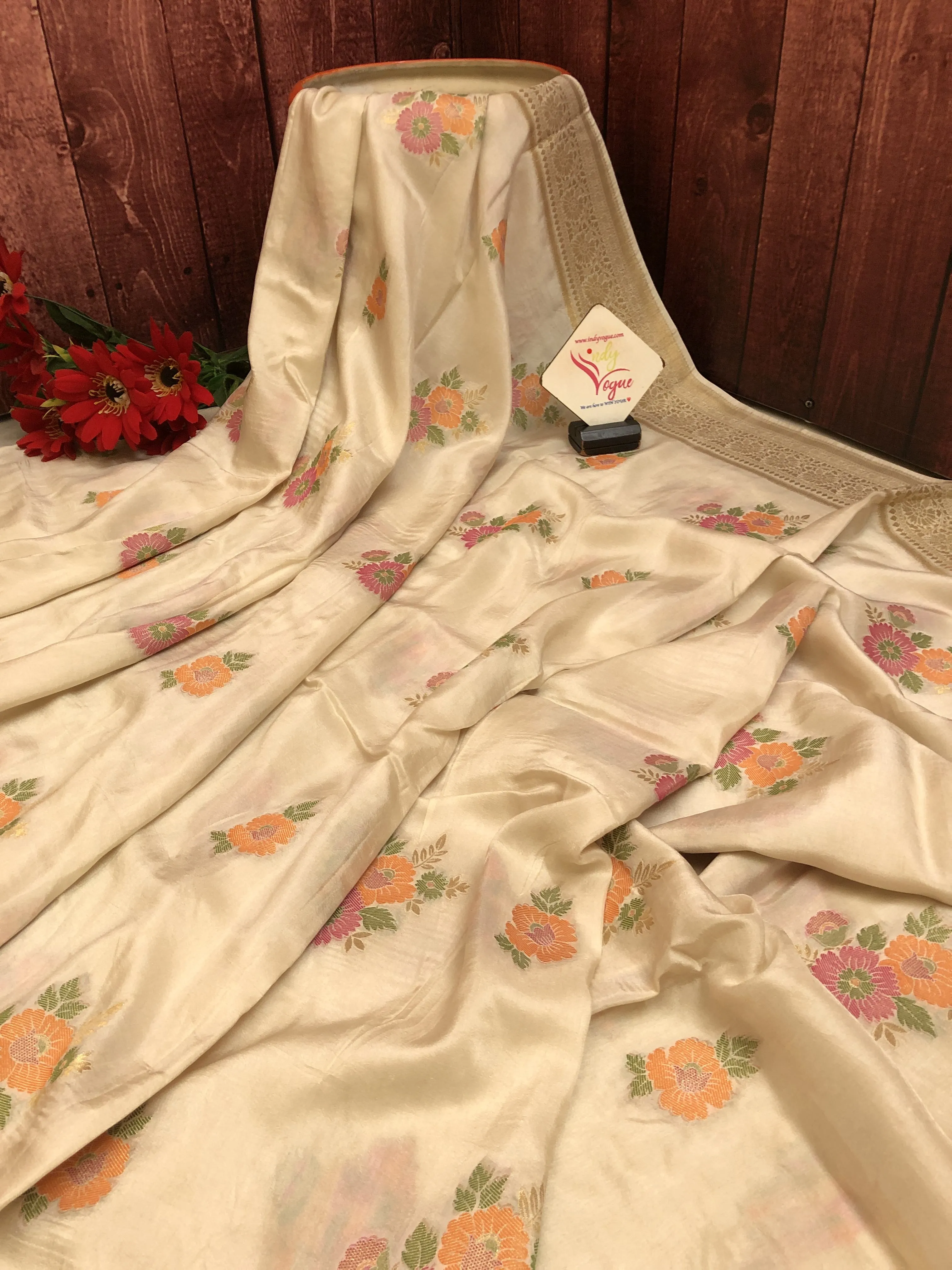 Cream White Color Muga Banarasi Saree with Meenakari Work