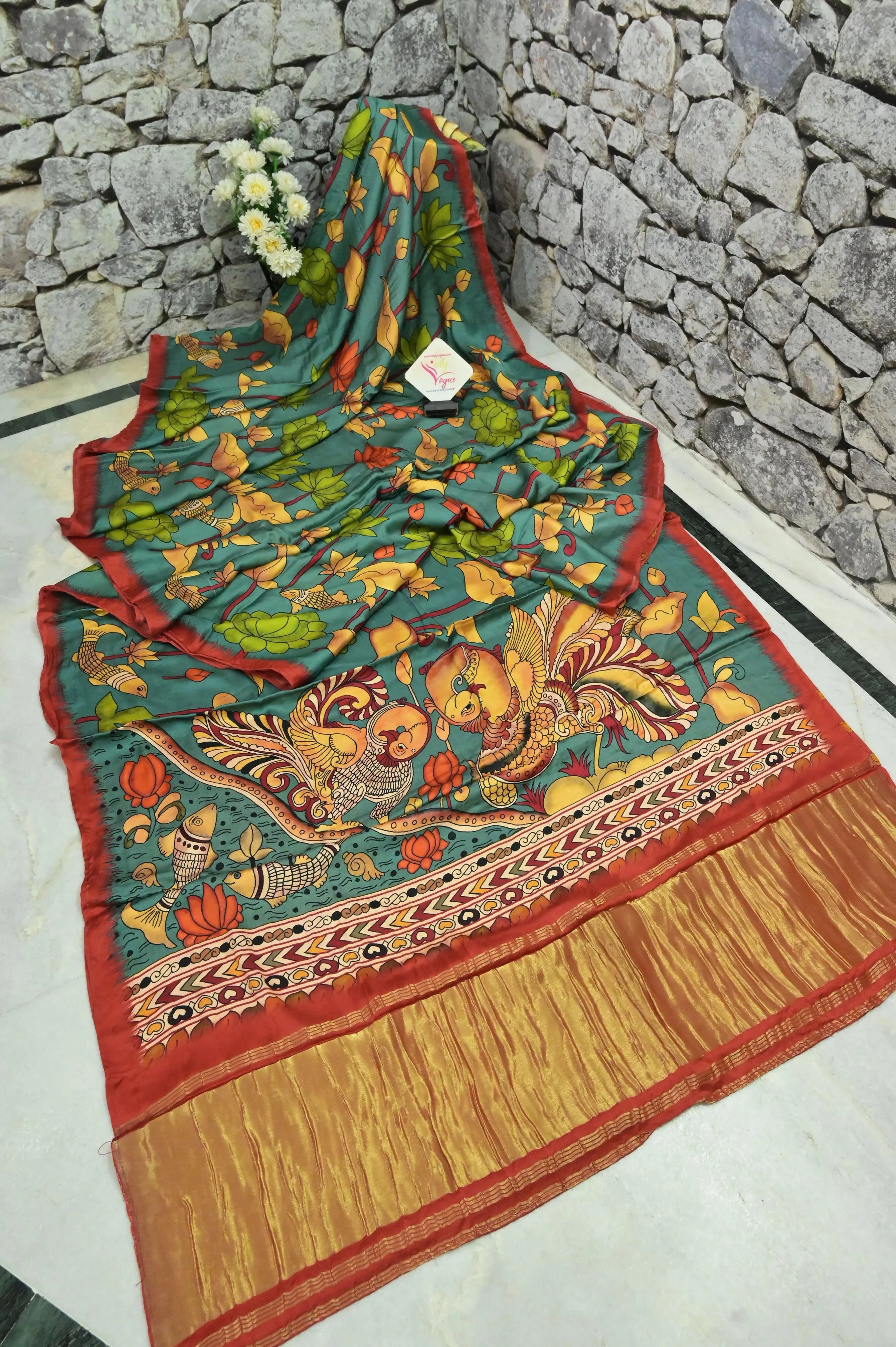 Dark Green Color Ghazi Silk with Kalamkari Print