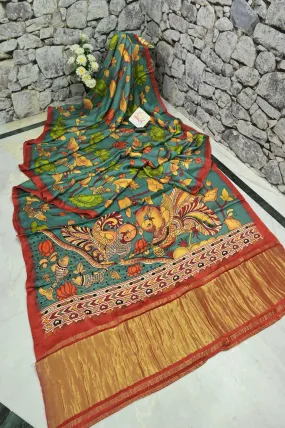 Dark Green Color Ghazi Silk with Kalamkari Print