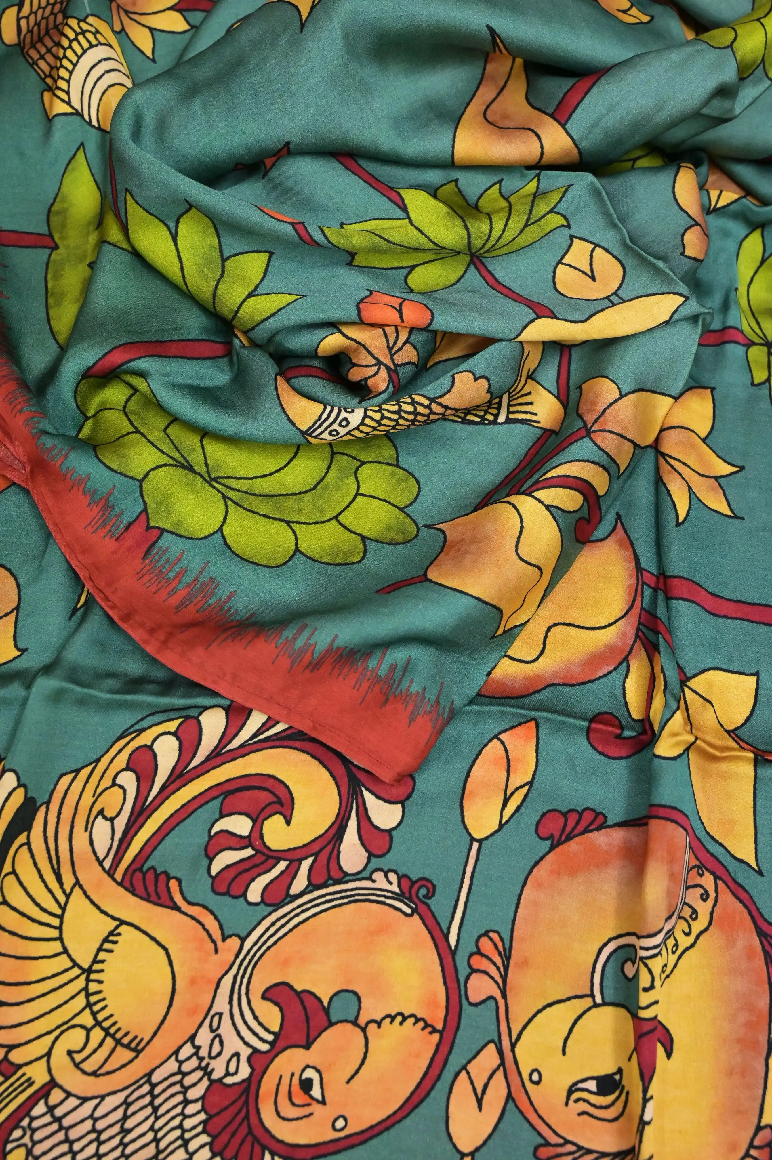 Dark Green Color Ghazi Silk with Kalamkari Print