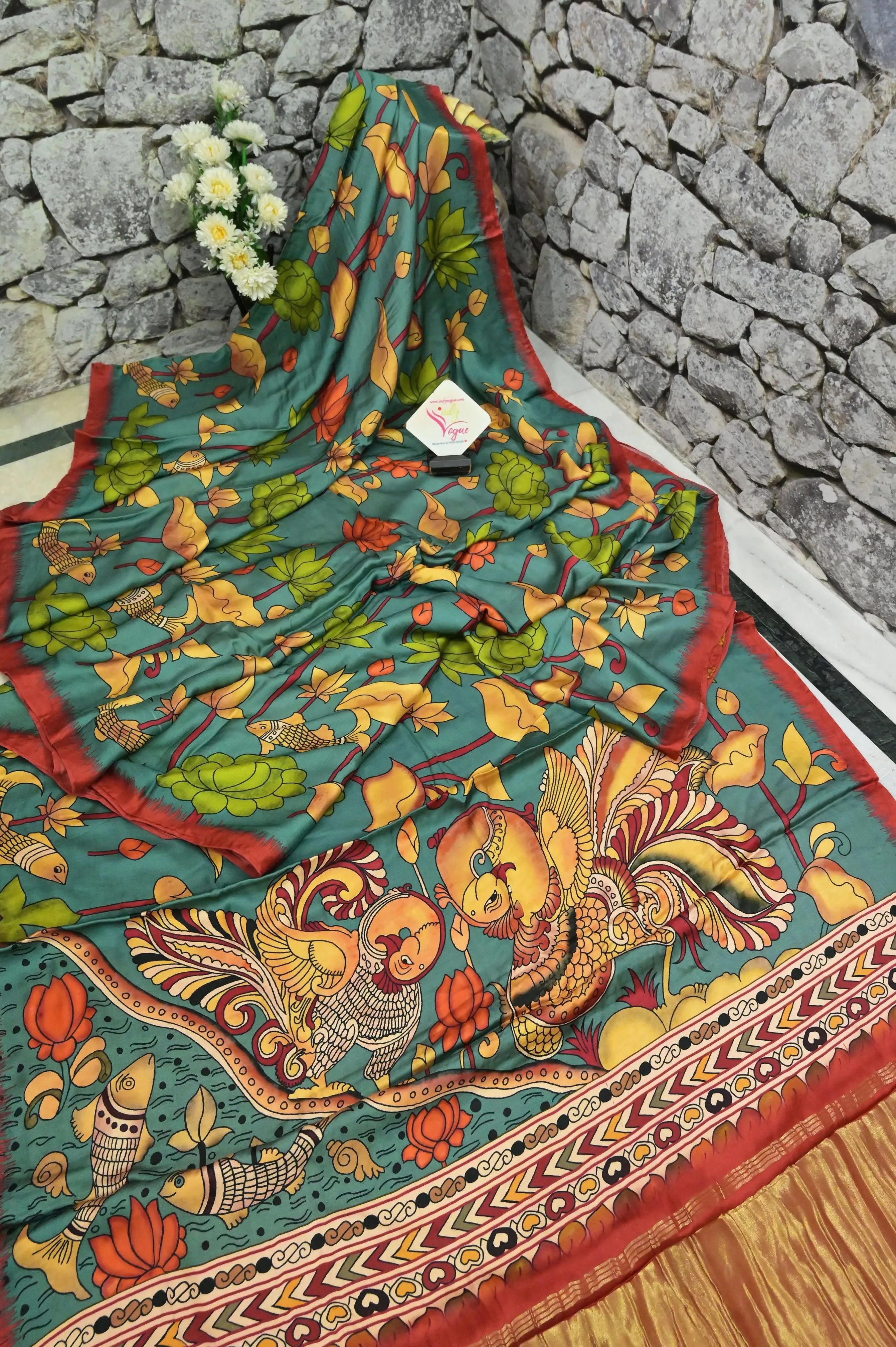 Dark Green Color Ghazi Silk with Kalamkari Print