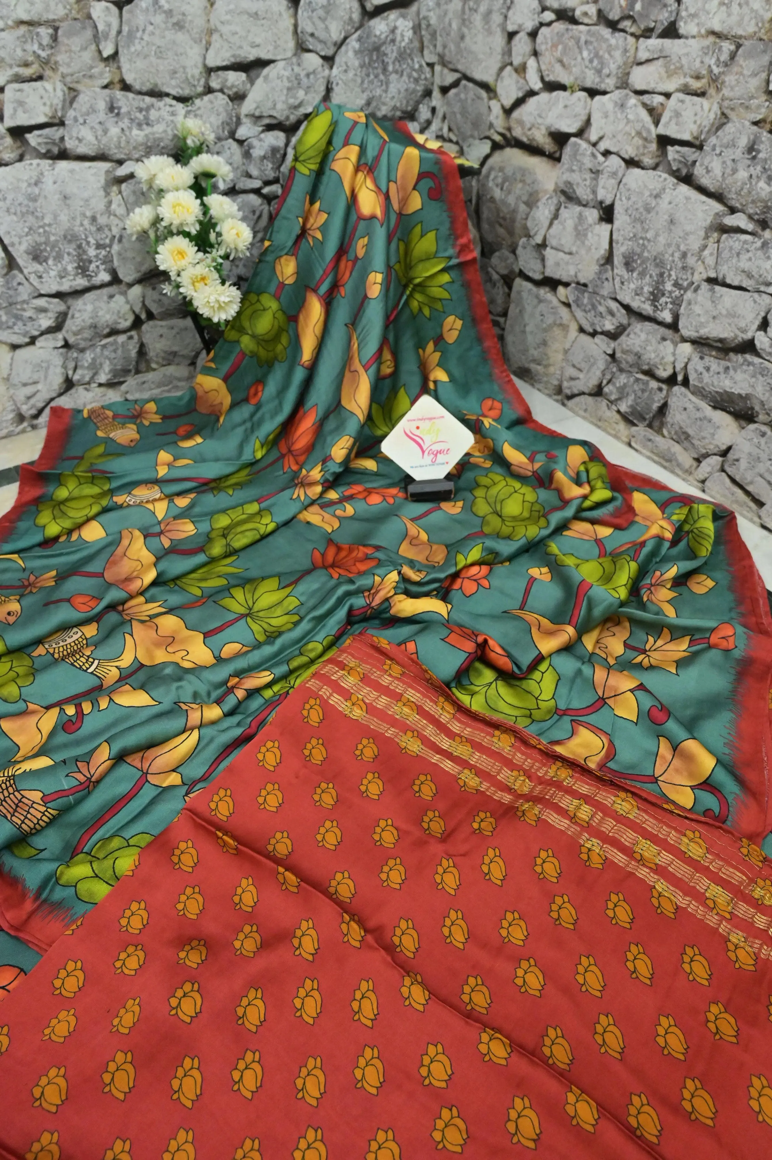 Dark Green Color Ghazi Silk with Kalamkari Print