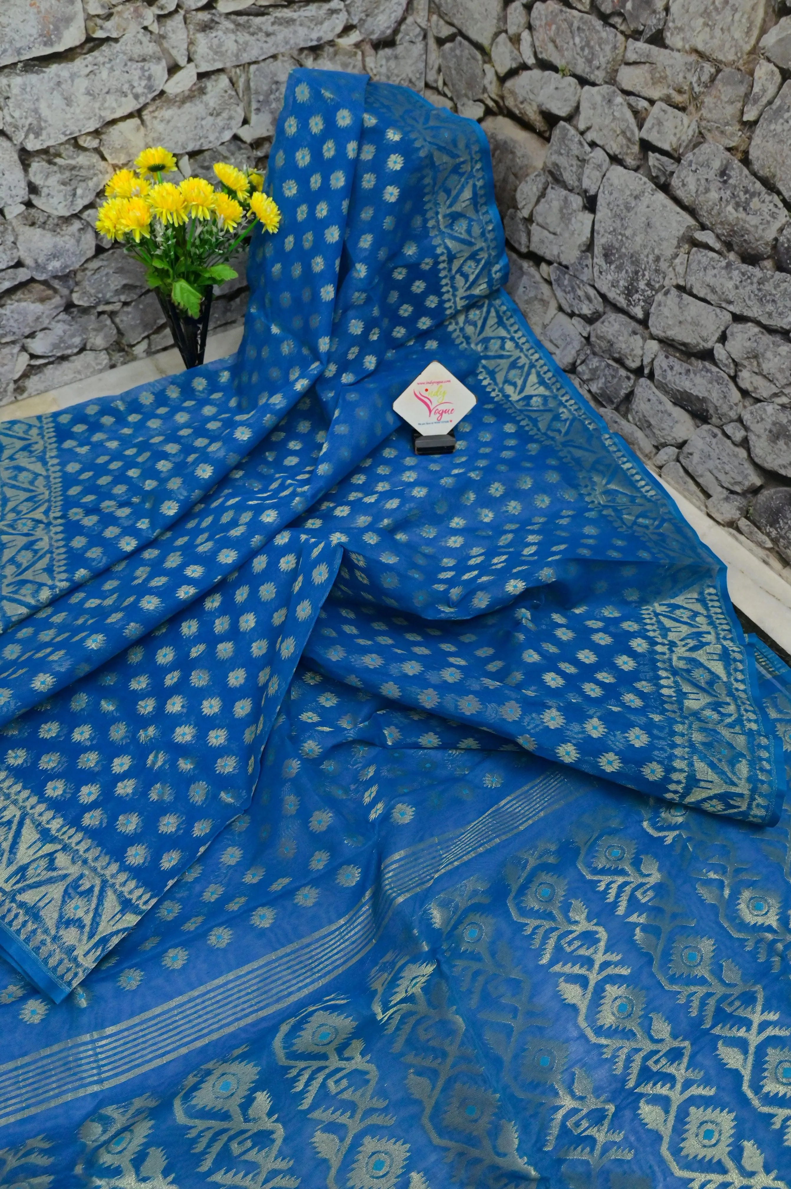 Deep Azure Blue Color Jamdani Saree with Allover Buti Weaving