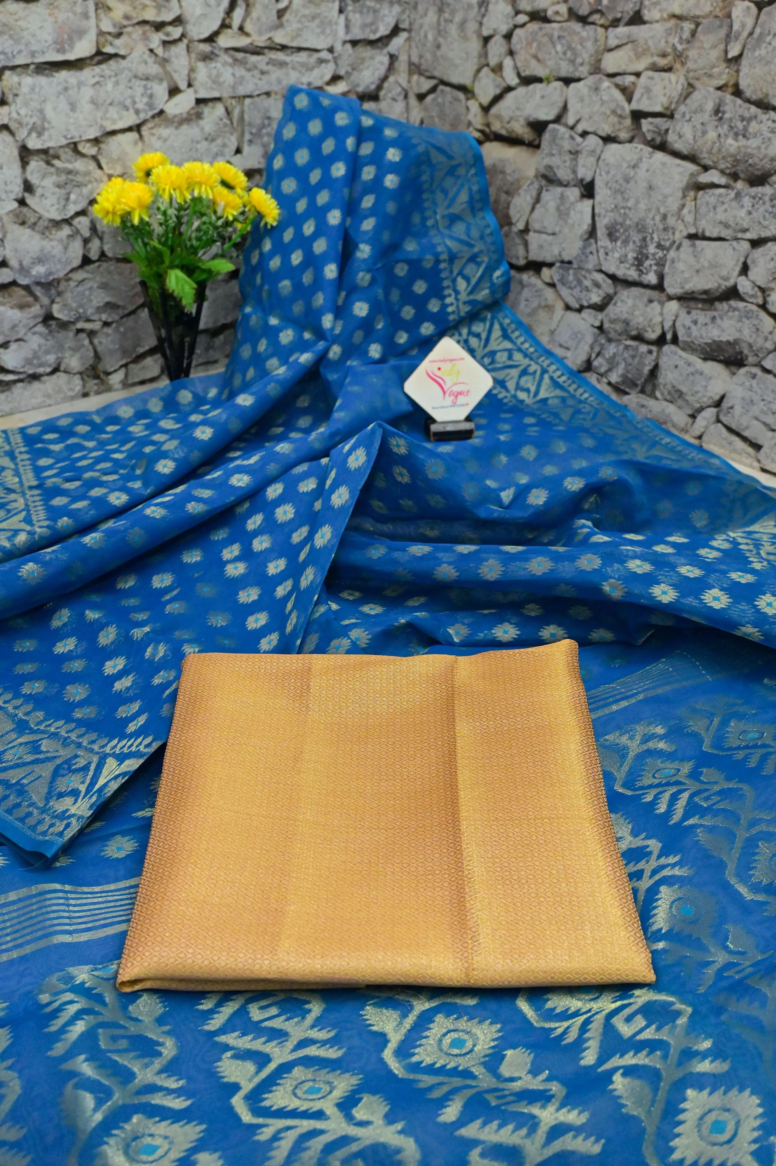 Deep Azure Blue Color Jamdani Saree with Allover Buti Weaving