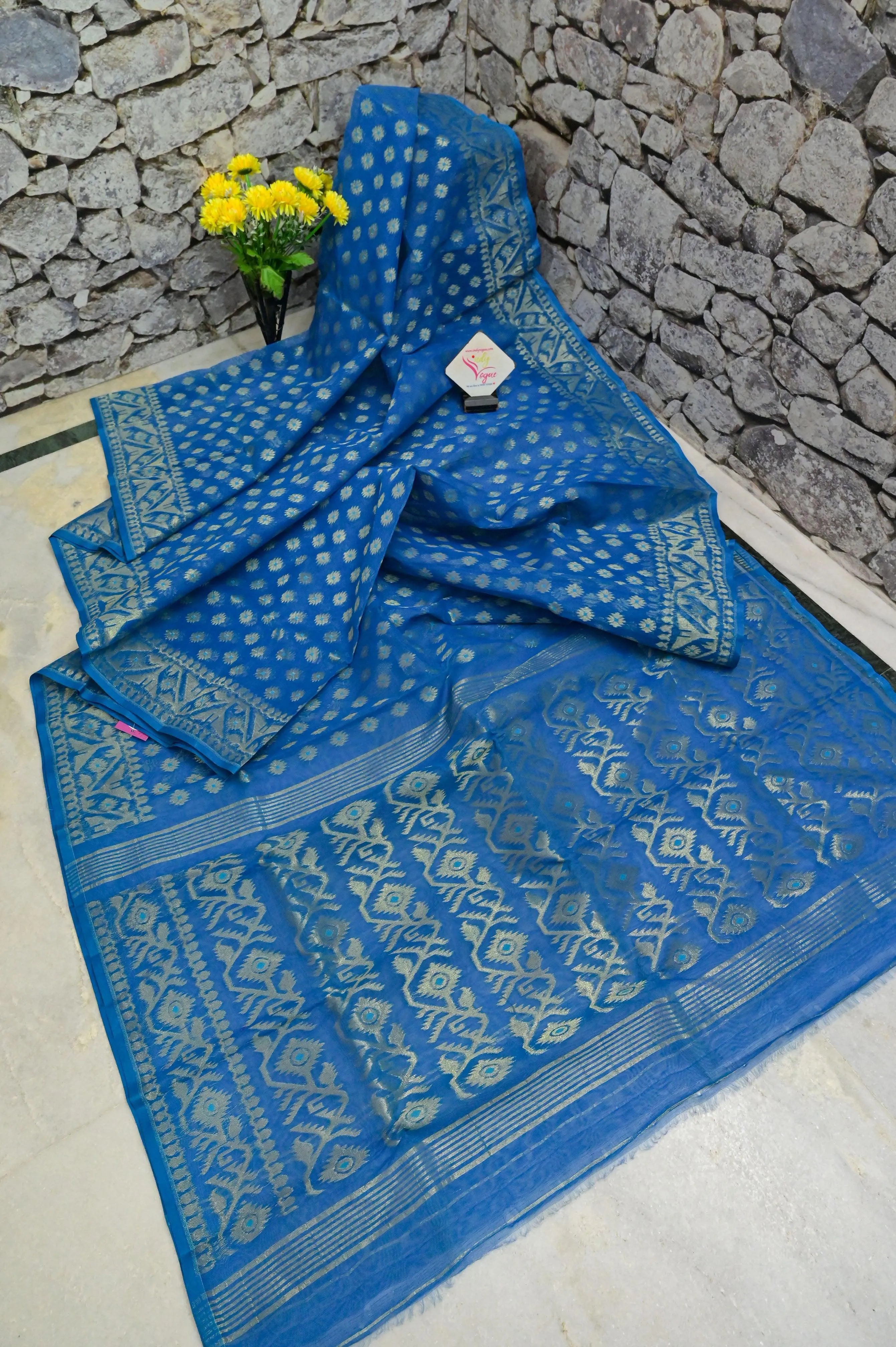 Deep Azure Blue Color Jamdani Saree with Allover Buti Weaving