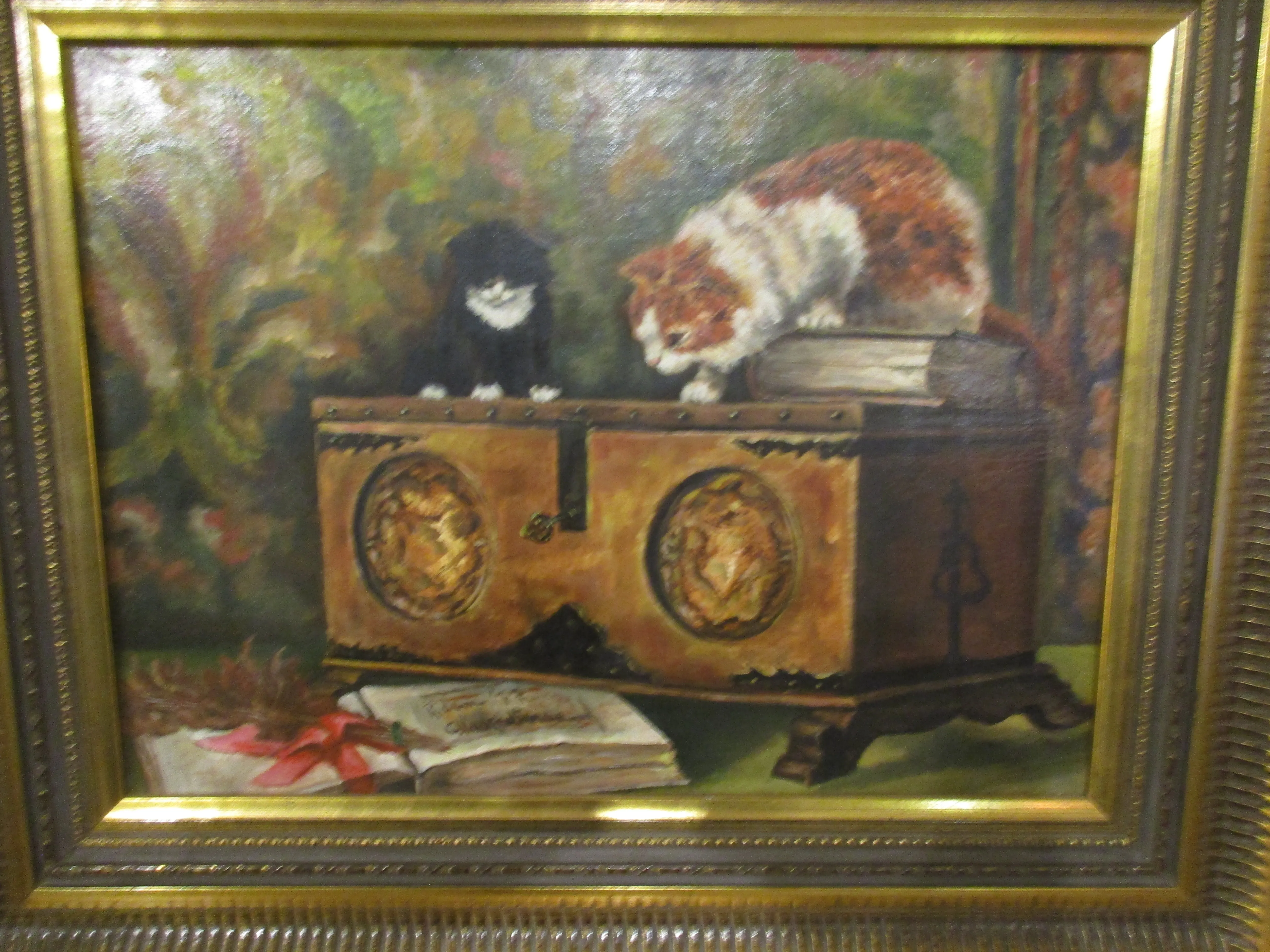 Dutch Oil On Canvas Cats Roaming On A Chest By C Voorwinden Vintage Rotterdam 1977