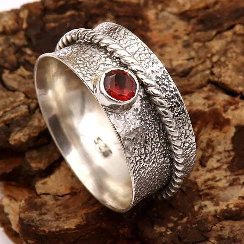 Garnet Spinner 925 Silver Ring, Anxiety, Worry, Handcrafted Jewelry, Gift For Her