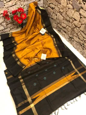 Golden Mustard and Black Color Pure Raw Silk Saree