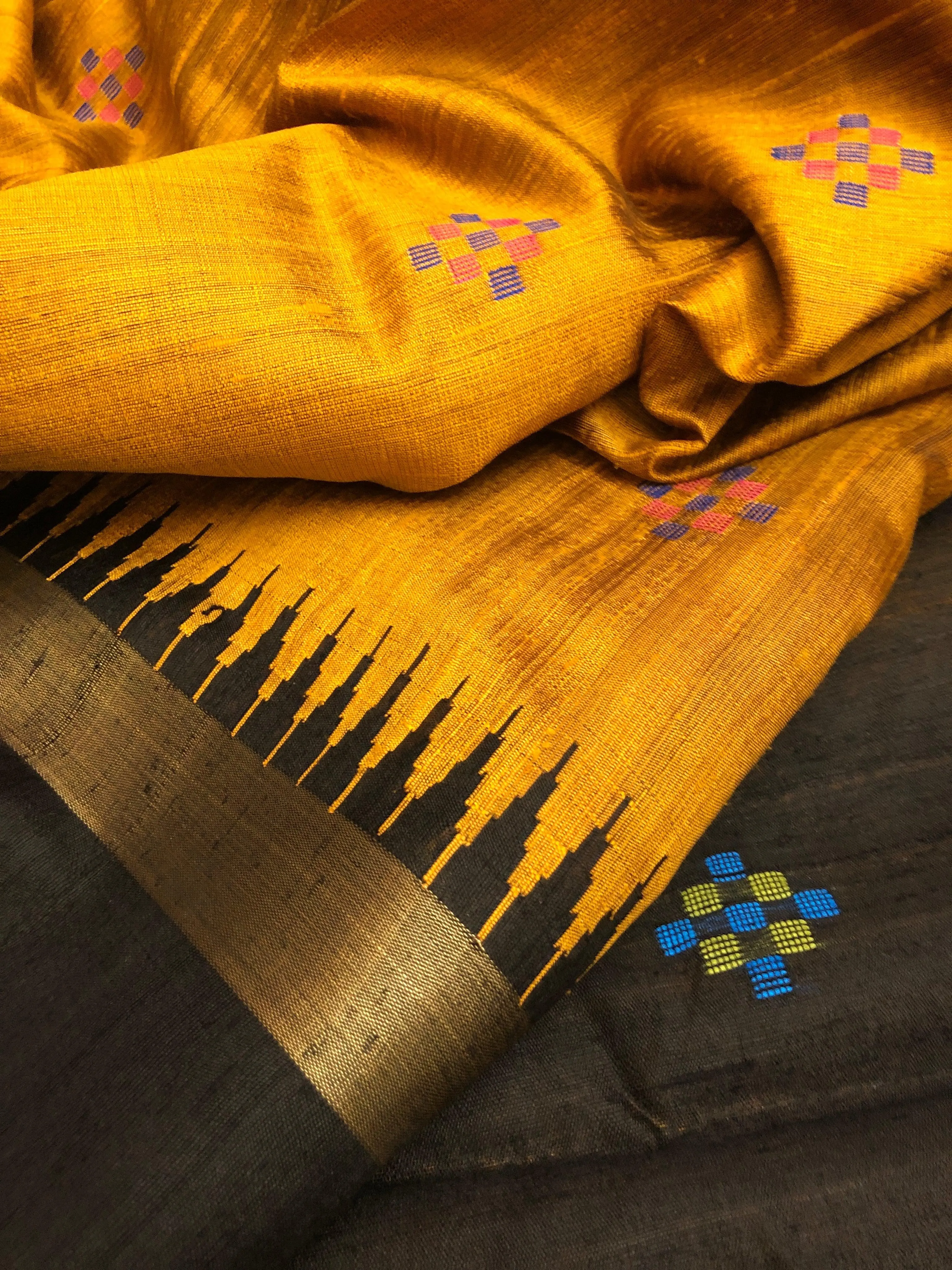 Golden Mustard and Black Color Pure Raw Silk Saree