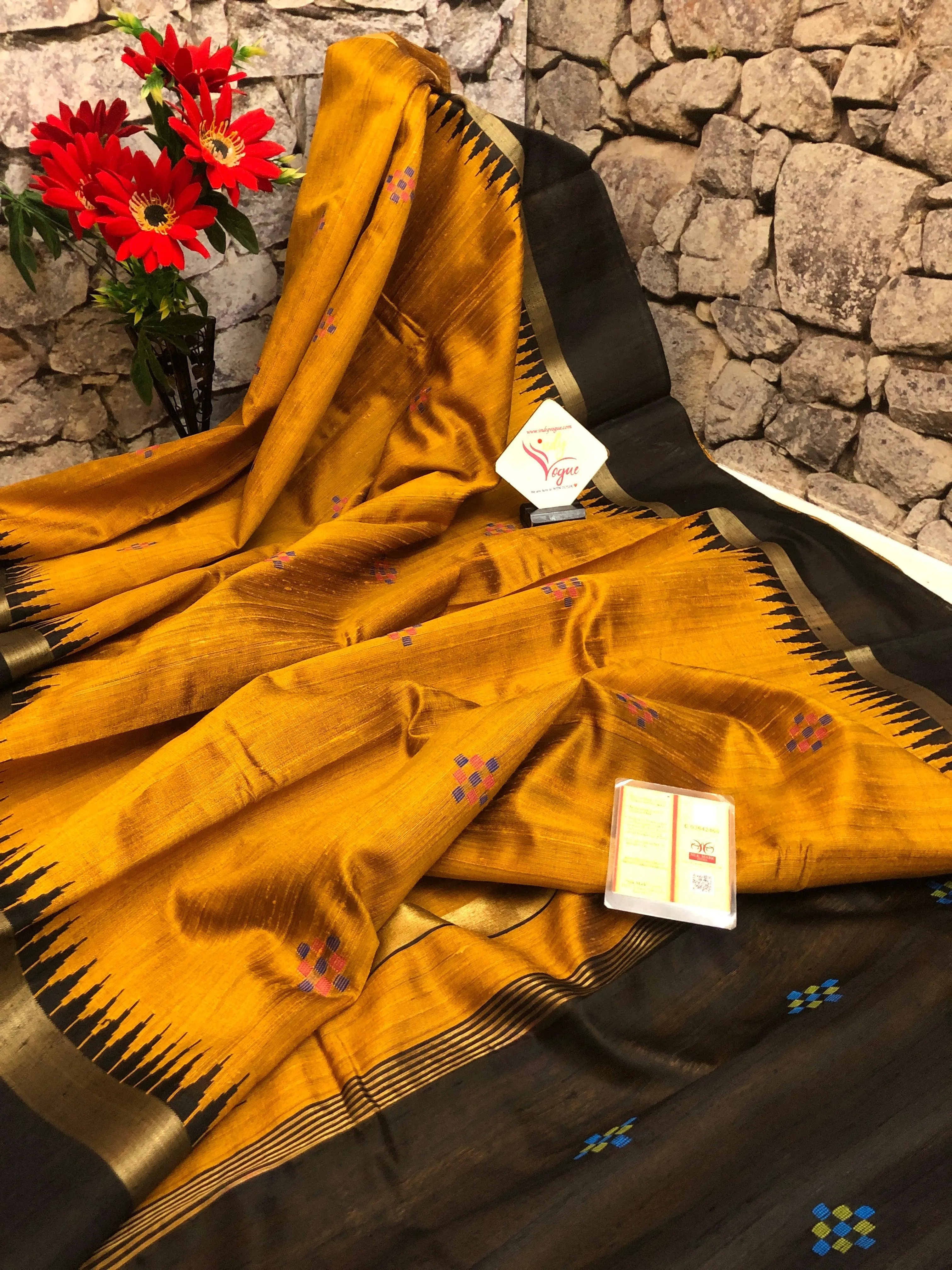 Golden Mustard and Black Color Pure Raw Silk Saree