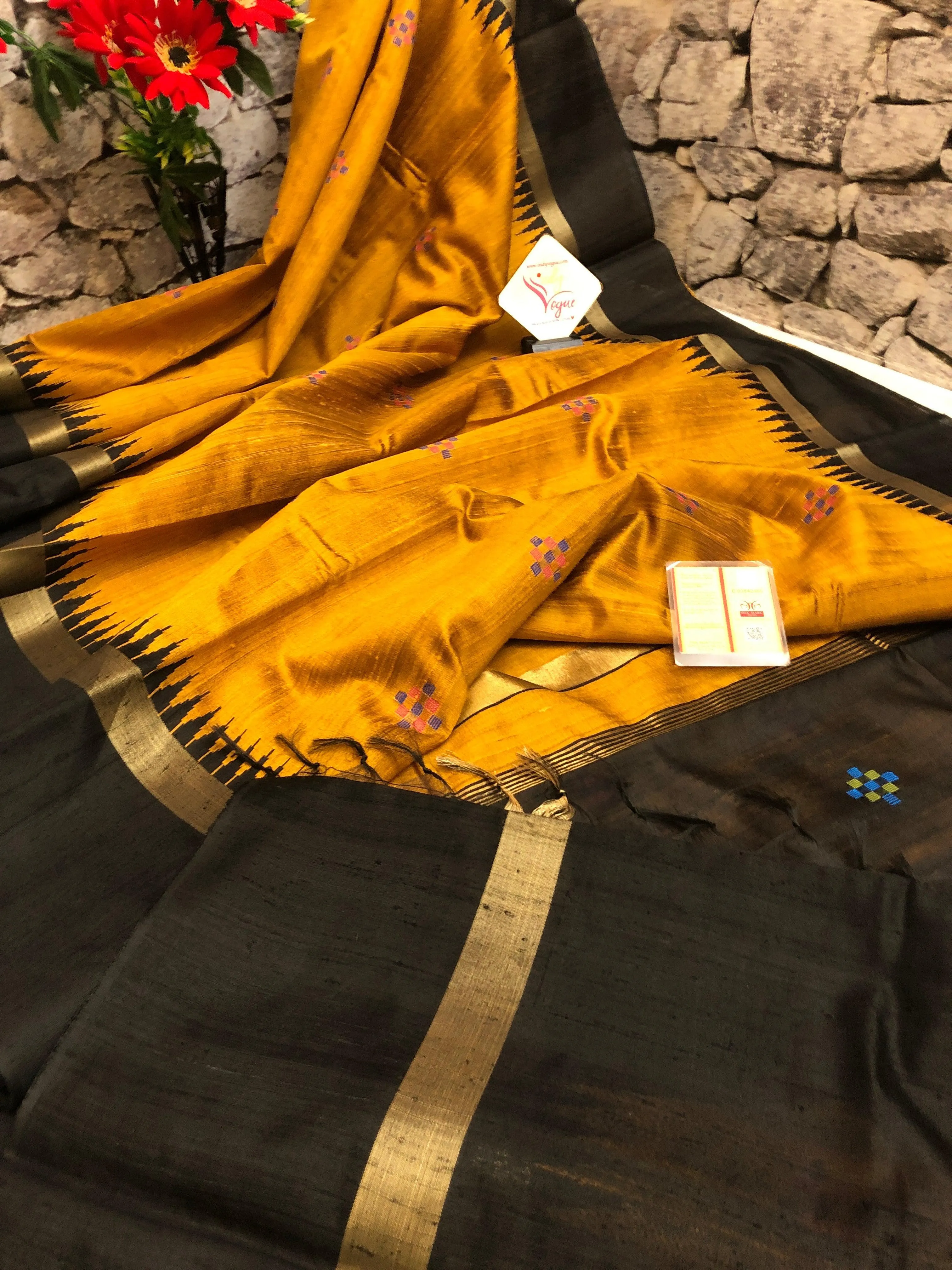 Golden Mustard and Black Color Pure Raw Silk Saree