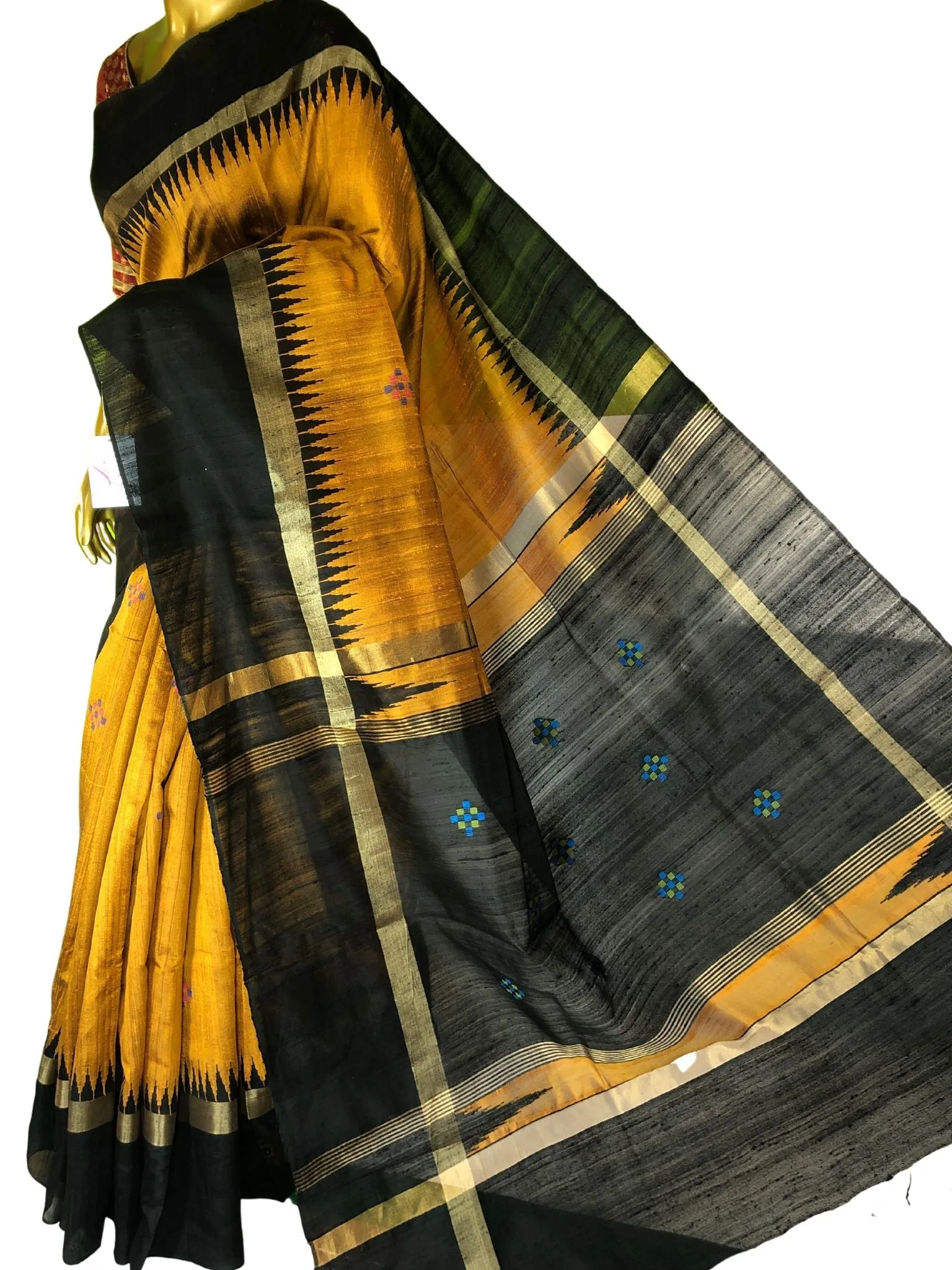 Golden Mustard and Black Color Pure Raw Silk Saree