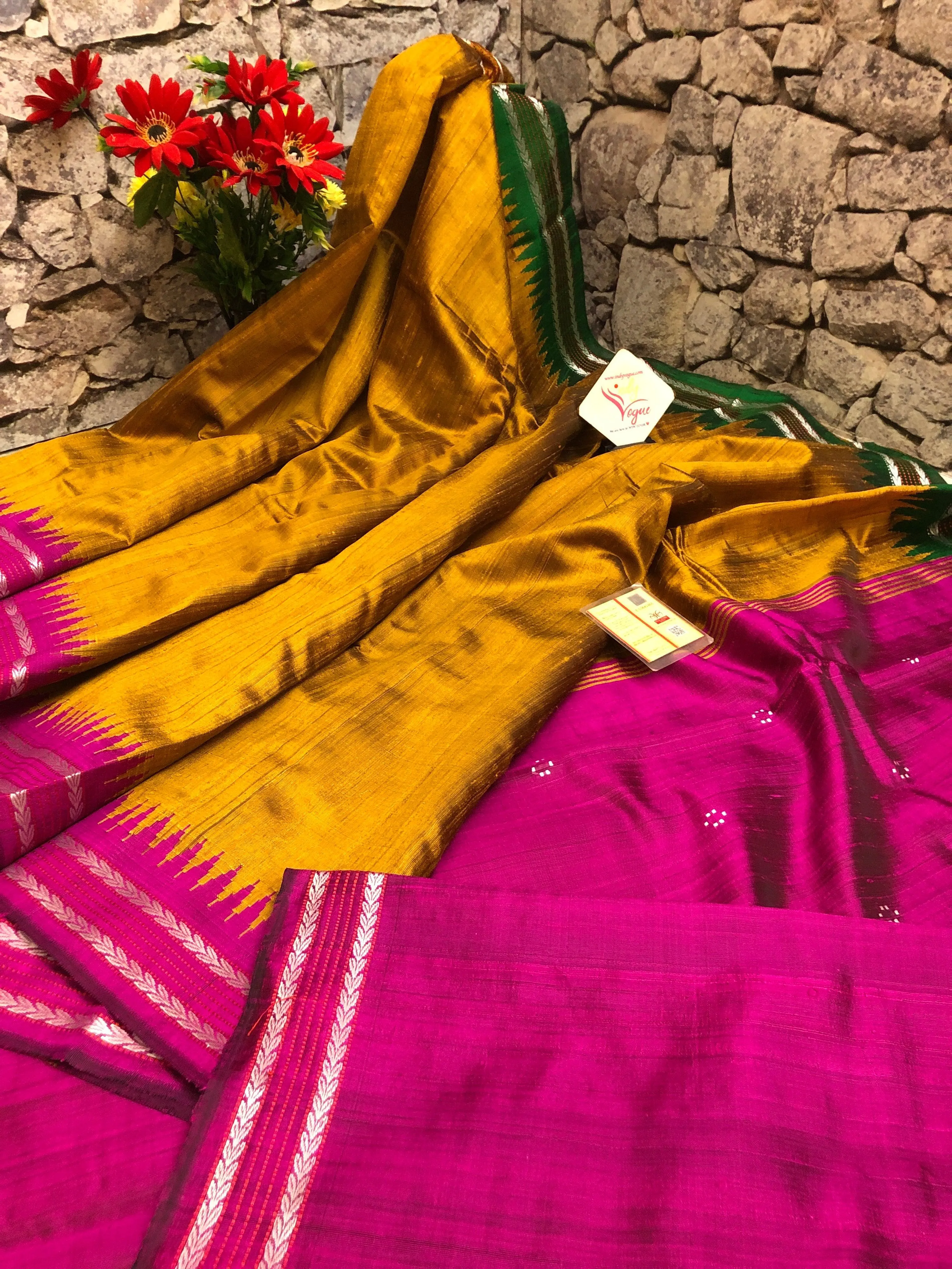 Golden Mustard and Magenta Color Pure Raw Silk with Ganga Jamuna Style Vidarbha Border