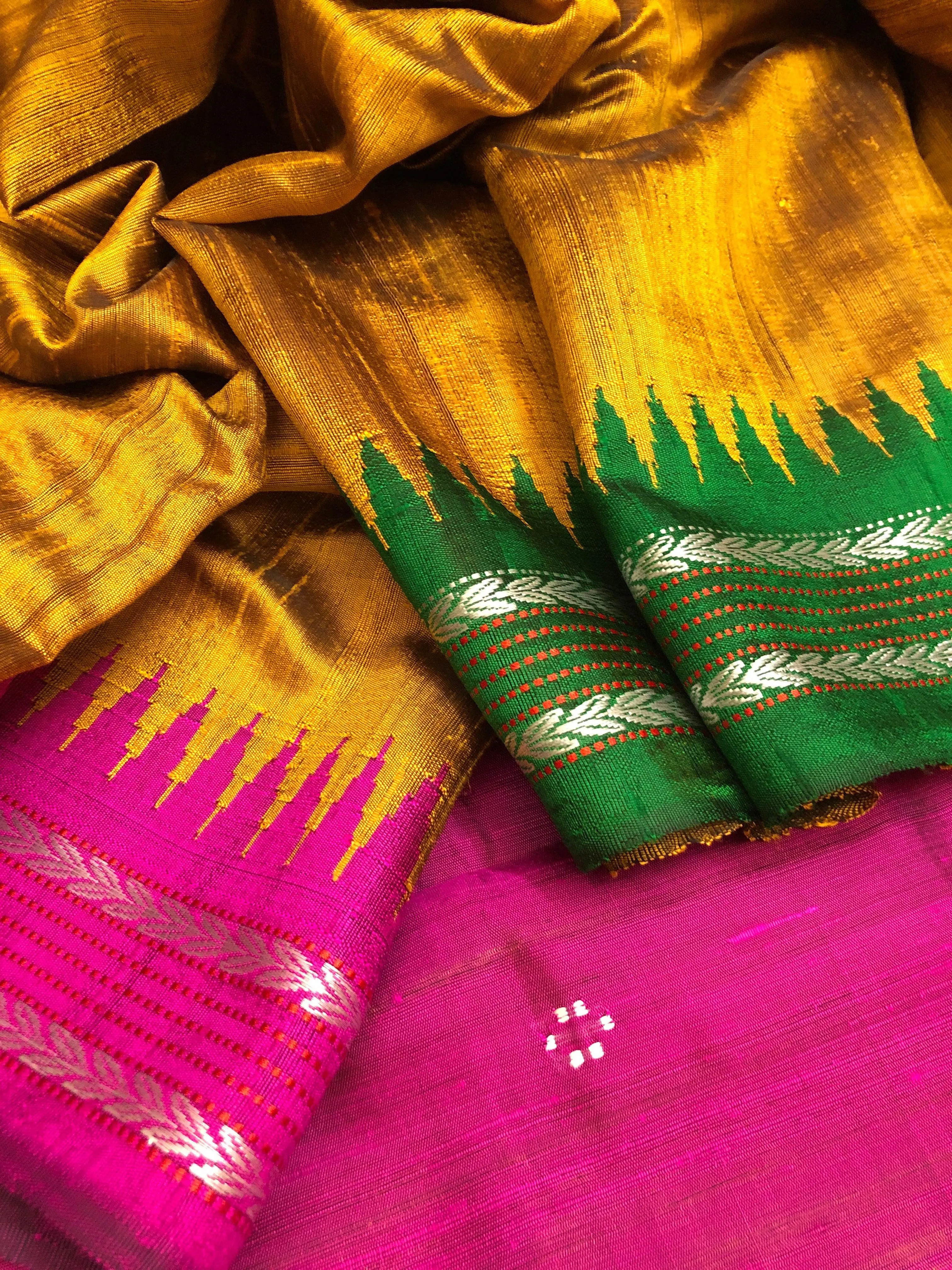 Golden Mustard and Magenta Color Pure Raw Silk with Ganga Jamuna Style Vidarbha Border