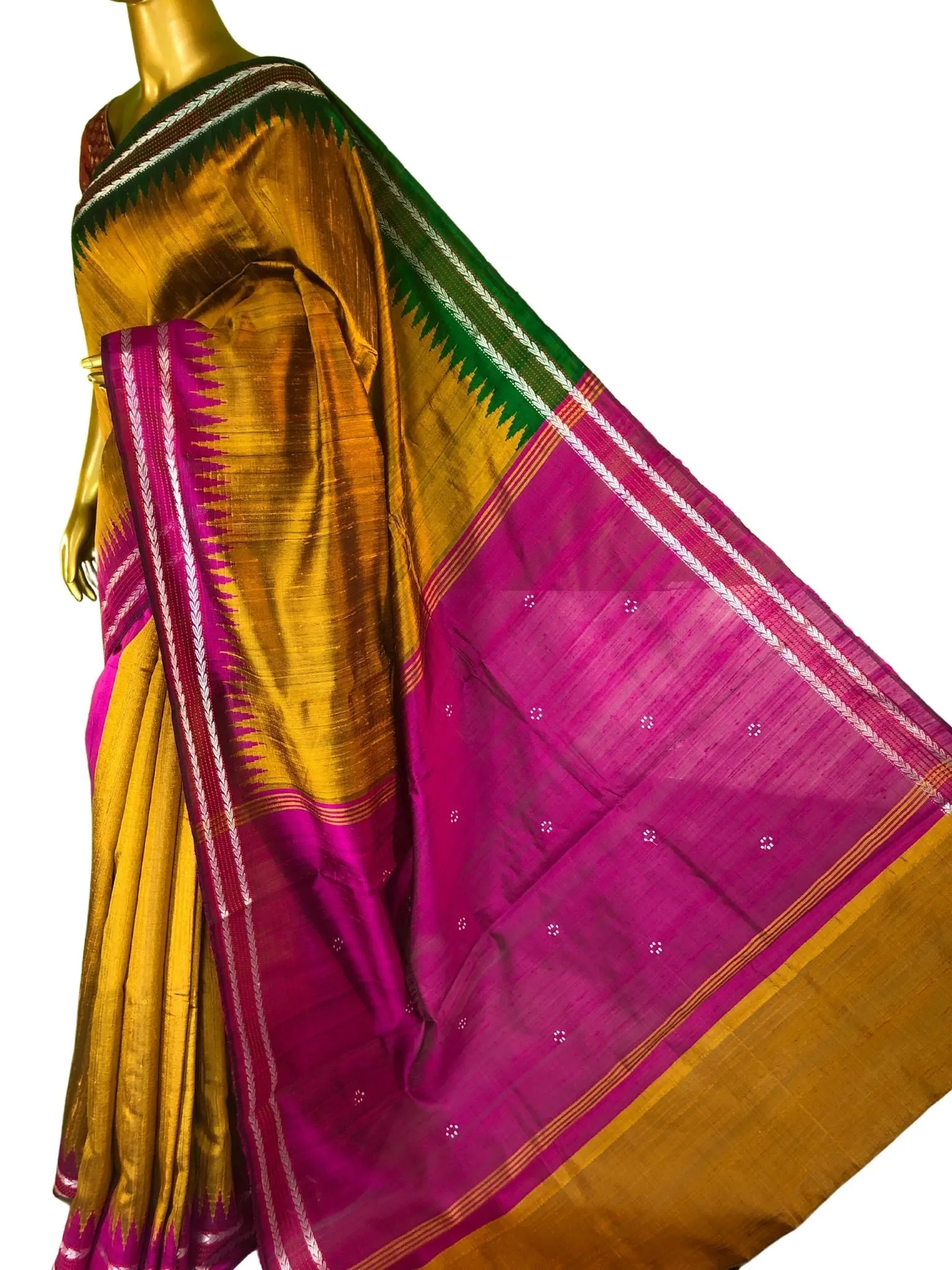 Golden Mustard and Magenta Color Pure Raw Silk with Ganga Jamuna Style Vidarbha Border