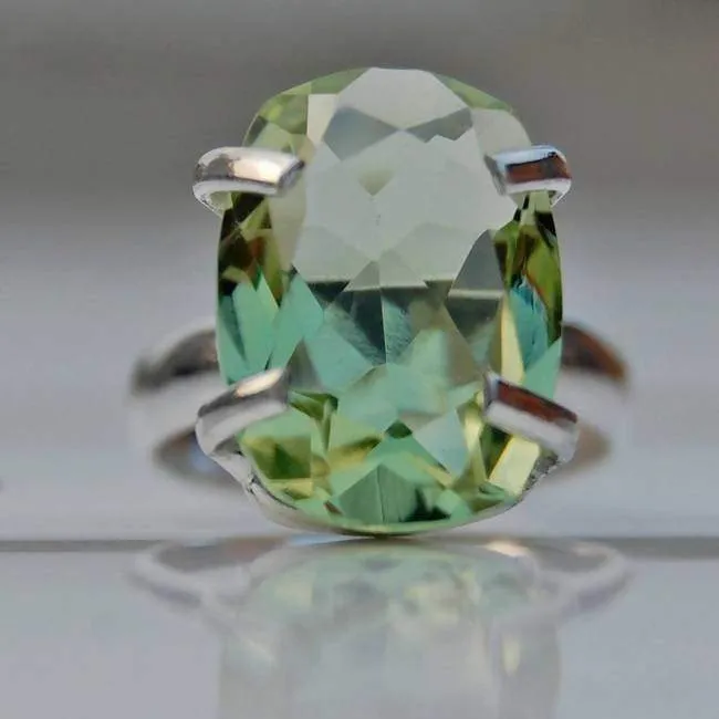 Green Amethyst Cushion Cut Silver Ring