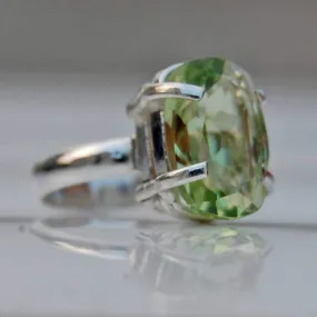 Green Amethyst Cushion Cut Silver Ring