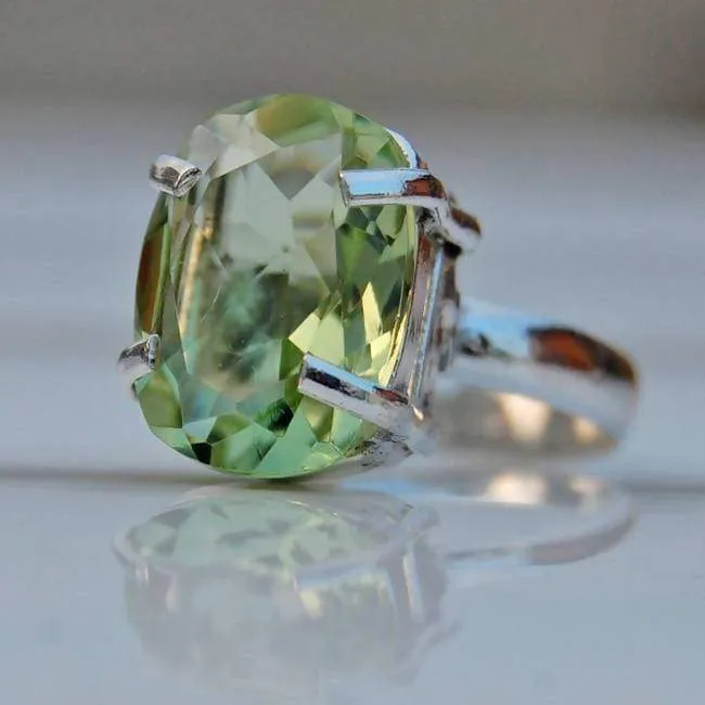 Green Amethyst Cushion Cut Silver Ring