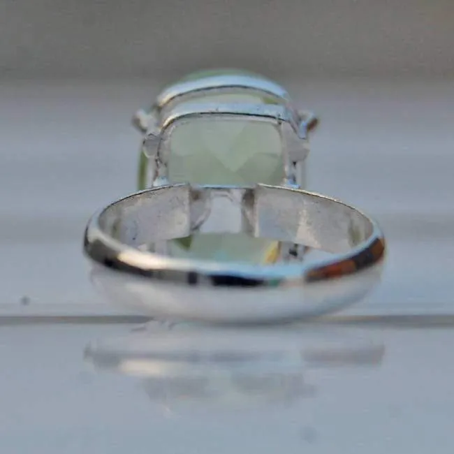 Green Amethyst Cushion Cut Silver Ring