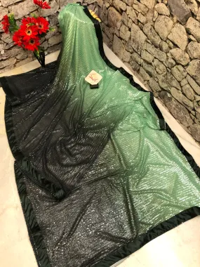 Green and Black Color Two Shade Designer Net Saree with Sequin Work