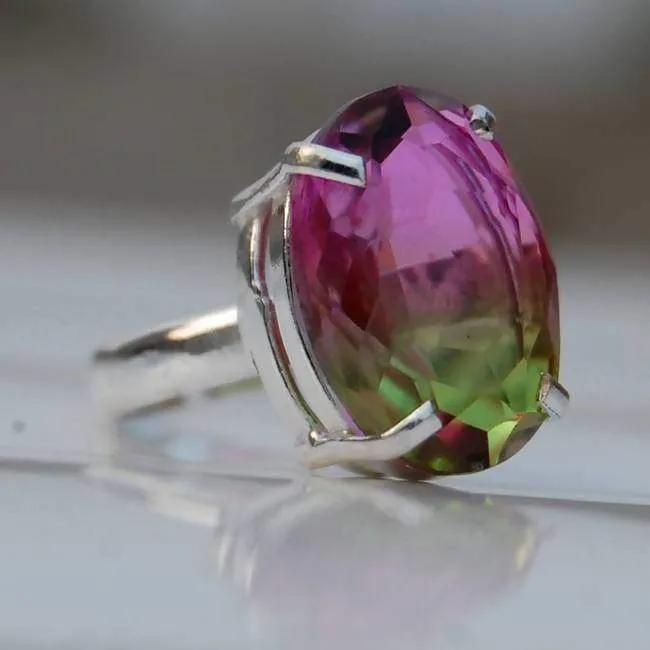 Green and Pink Tourmaline Silver Oval Ring