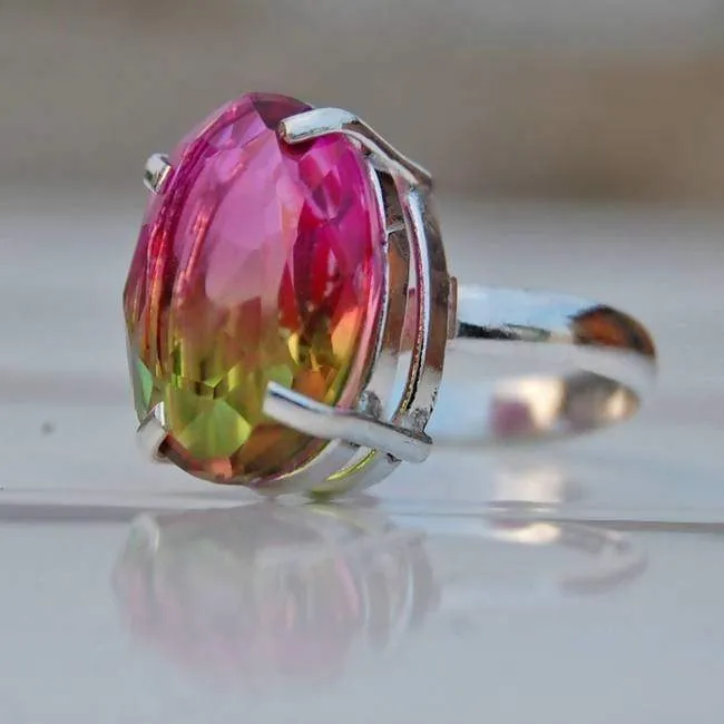 Green and Pink Tourmaline Silver Oval Ring