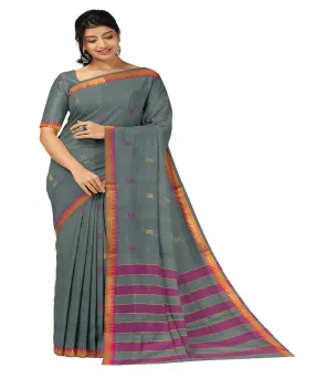 Grey pink plain butta handwoven rajahmundry cotton saree