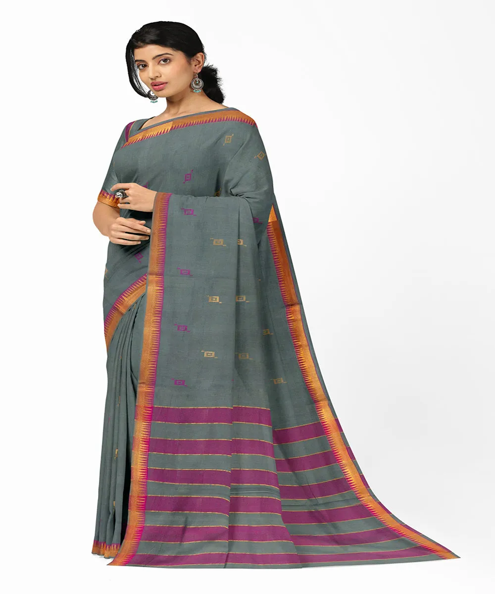 Grey pink plain butta handwoven rajahmundry cotton saree