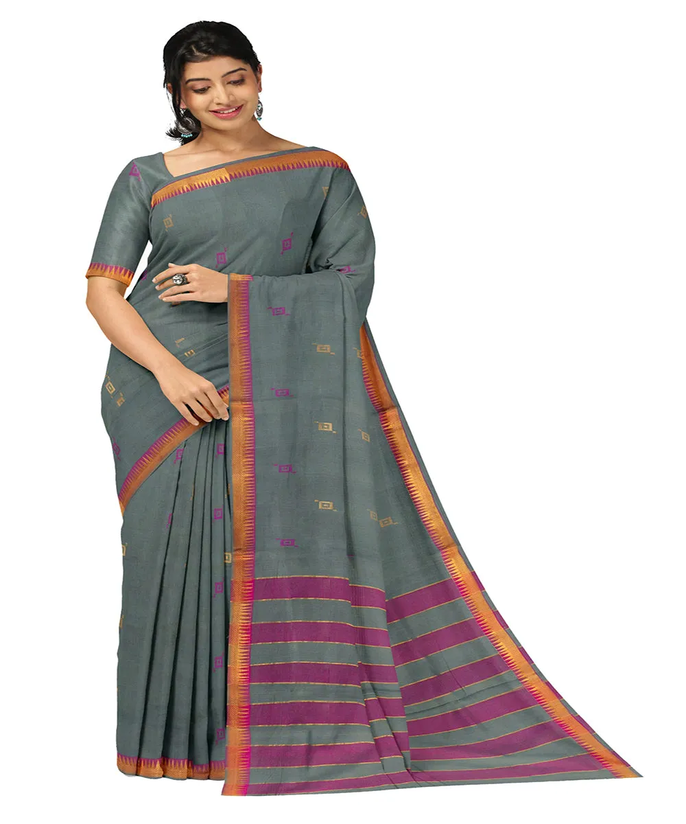 Grey pink plain butta handwoven rajahmundry cotton saree