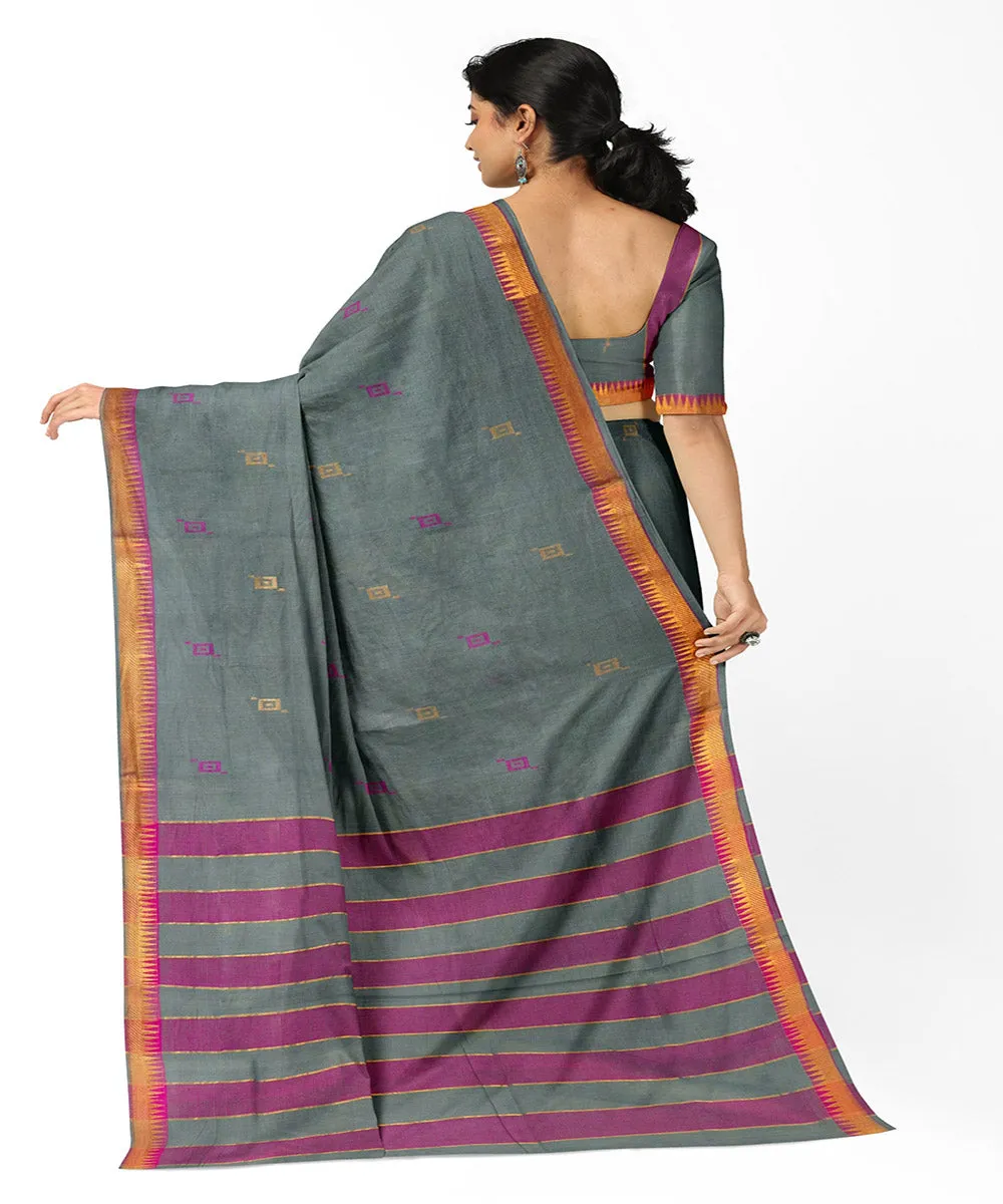 Grey pink plain butta handwoven rajahmundry cotton saree