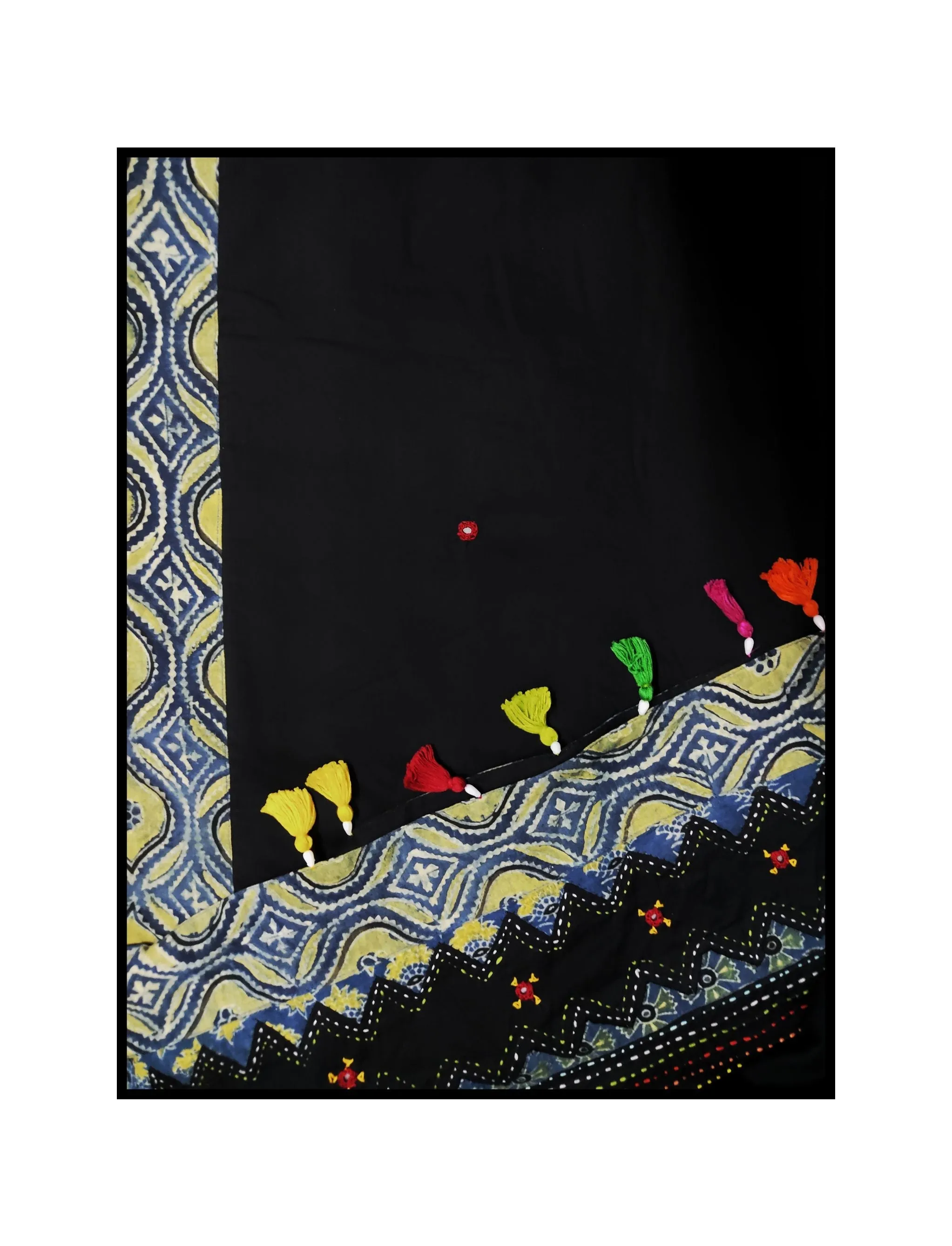 Jharokha -  Blue and Black Ajrakh handblockprinted patchwork Gudri Barmer saree