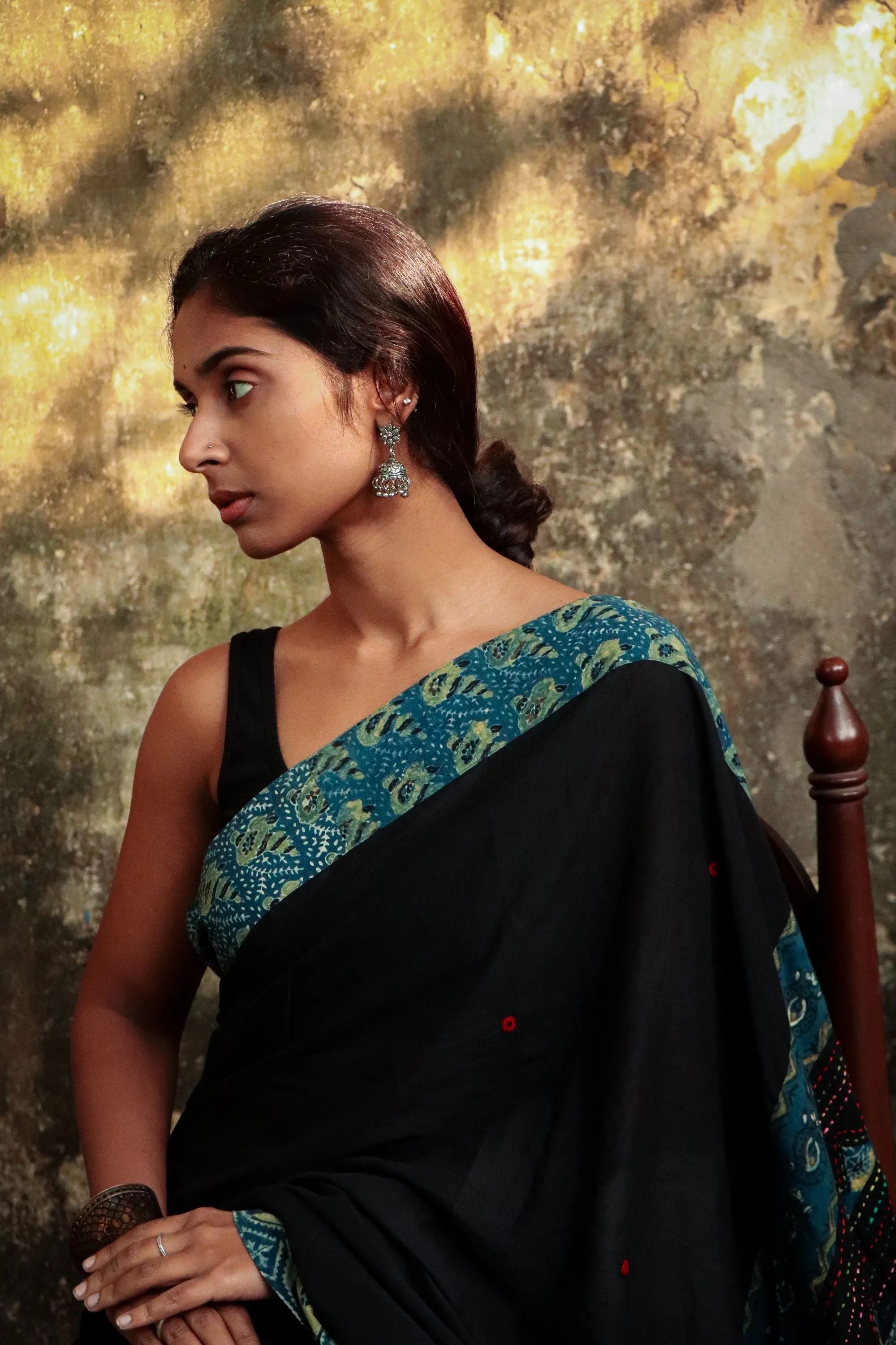 Jharokha -  Blue and Black Ajrakh handblockprinted patchwork Gudri Barmer saree