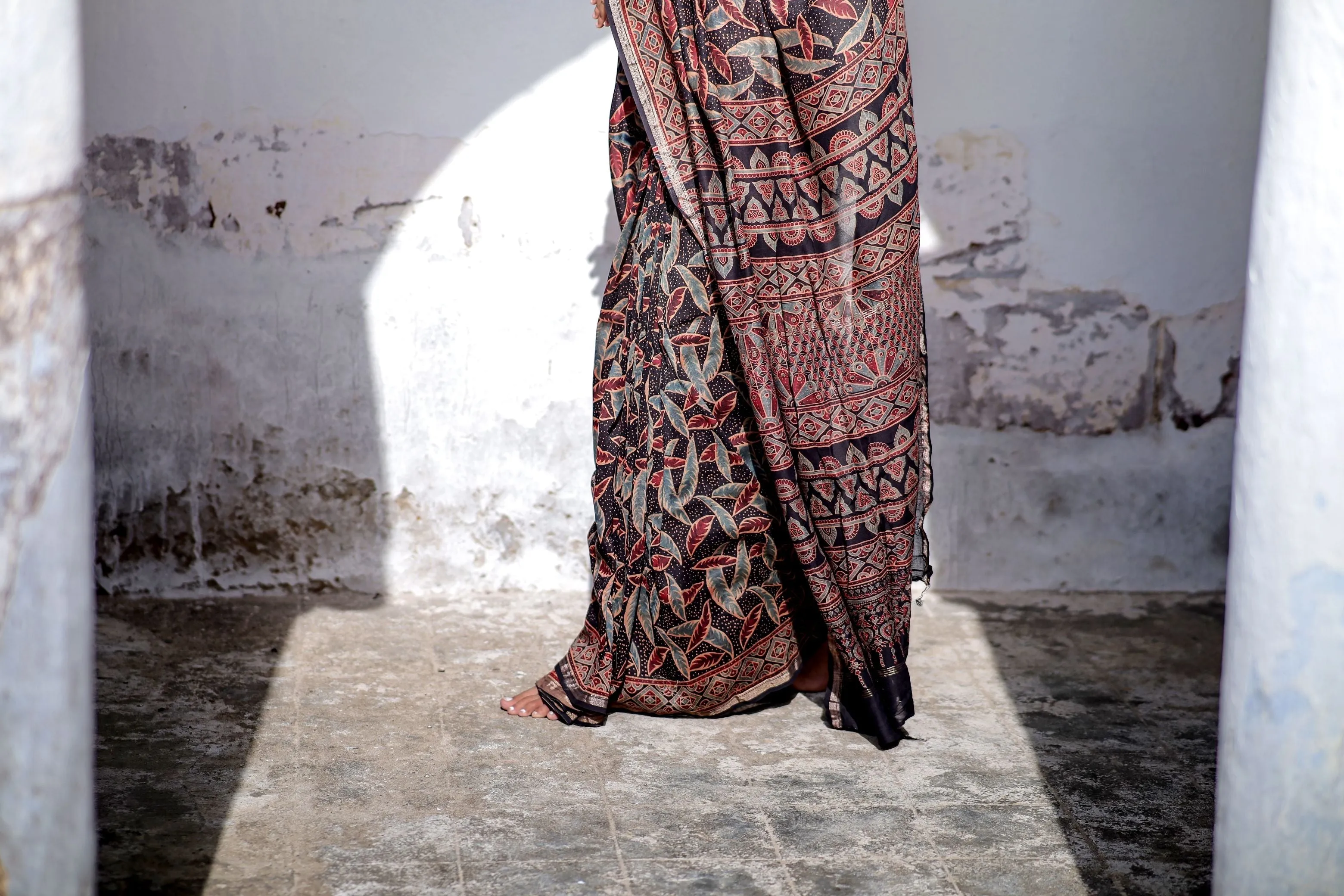 Jharokha -Black leaf silk cotton Ajrakh handblockprinted saree