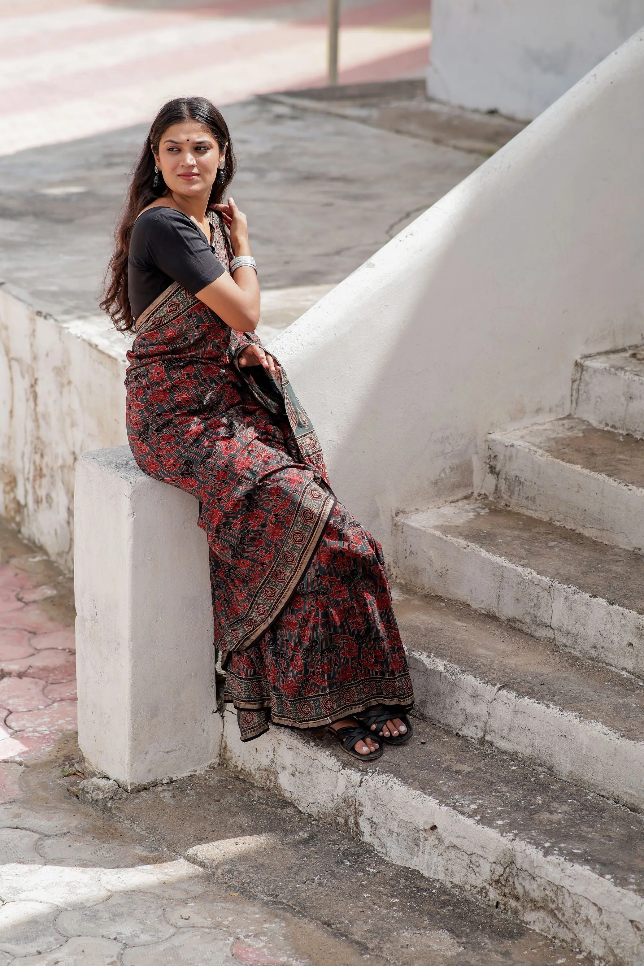 Jharokha -Indigo red floral silk cotton Ajrakh handblockprinted saree