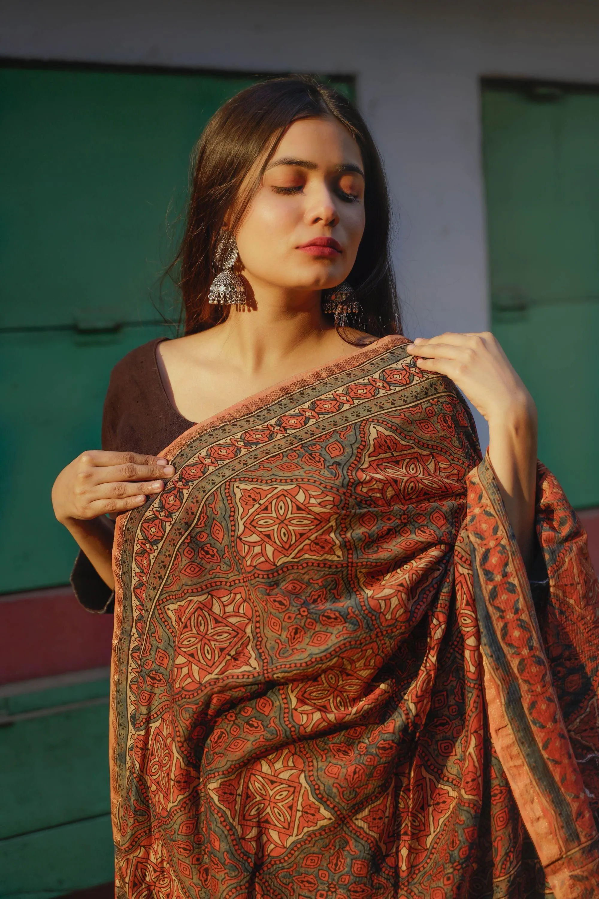 Kaisori Ajrakh Triad Red and Brown Silk cotton dupatta