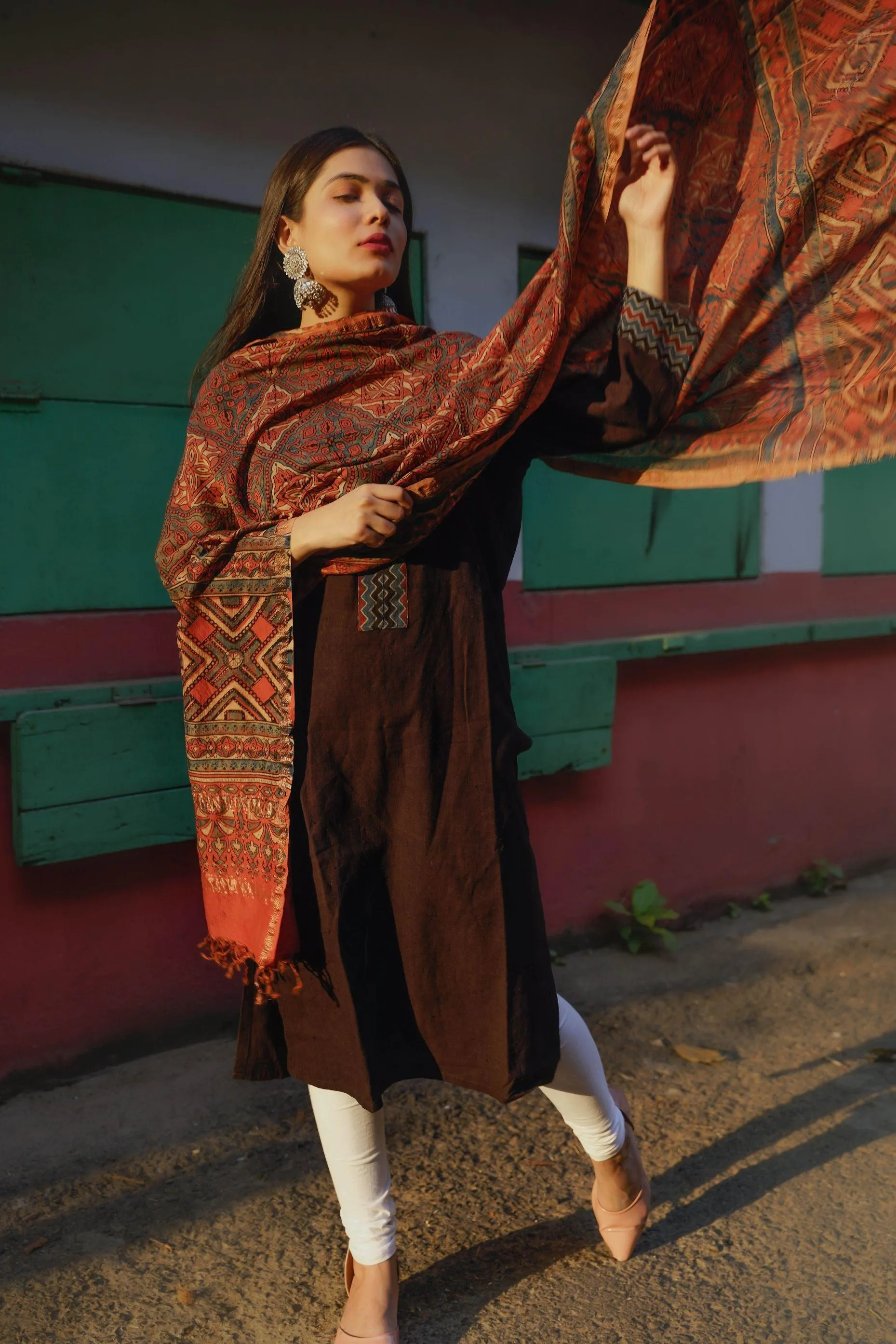 Kaisori Ajrakh Triad Red and Brown Silk cotton dupatta