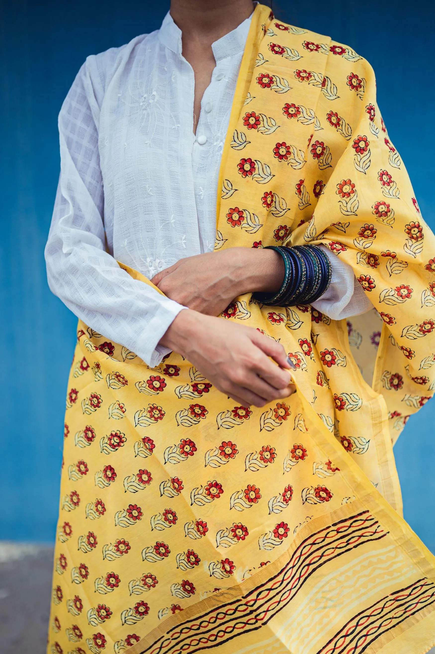 Kaisori Yellow Chanderi Dupatta - Floral